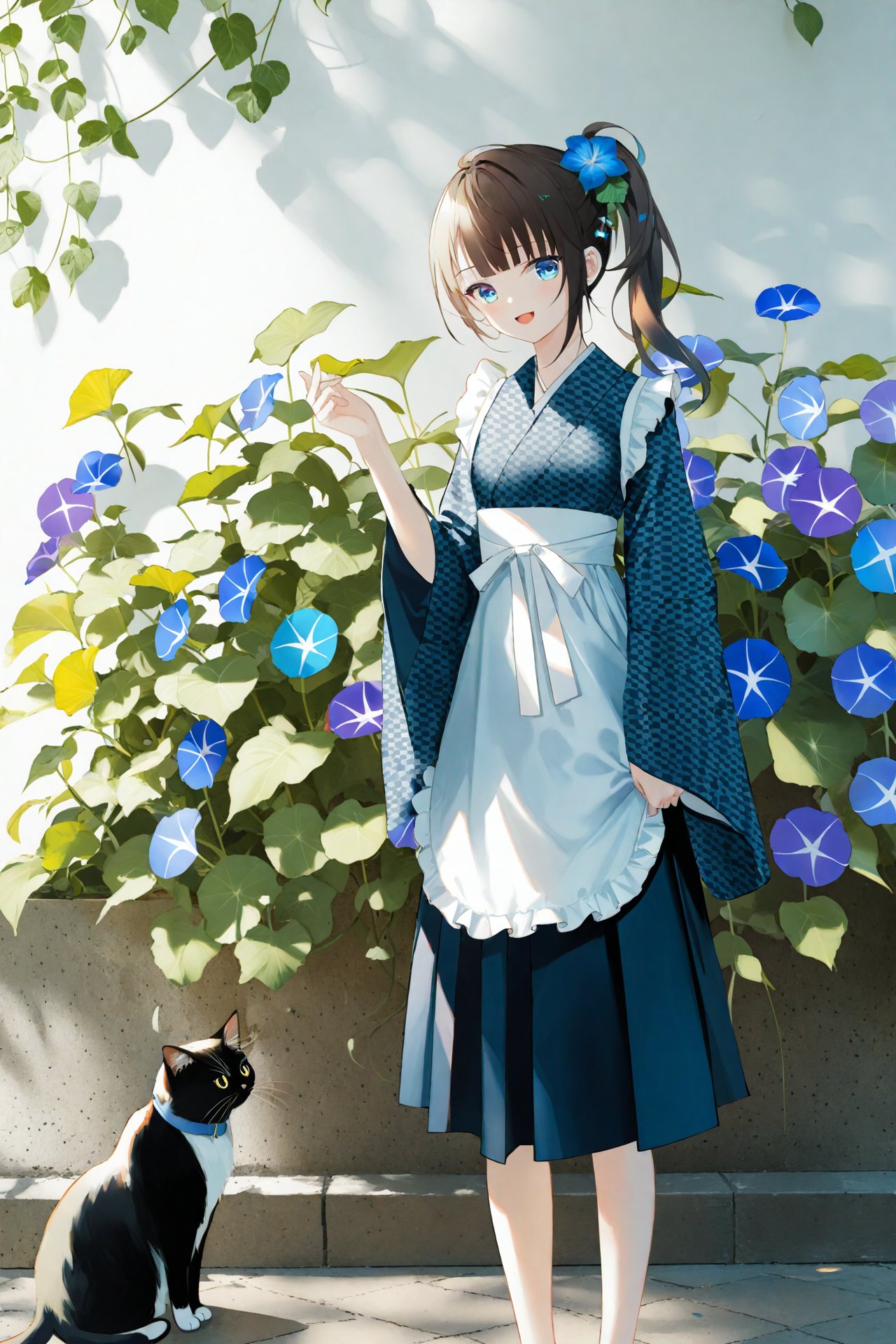 masterpiece,best quality,high quality,(colorful),[Artist toosaka asagi],[[[Artist wlop]]],[Artist chen bin],[Artist omone hokoma agm],Artist hiten (hitenkei), 1girl, cat, yagasuri, japanese clothes, flower, apron, blue flower, kimono, black cat, morning glory, brown hair, open mouth, looking at viewer, solo, long hair, smile, maid, wide sleeves, side ponytail, frills, maid apron, long sleeves, frilled apron, :d, outdoors, white apron, hakama, hair ornament, purple flower, blush, wa maid, hakama skirt, standing, sidelocks, blue eyes, bell, checkered kimono, animal, scrunchie, day, plant, hand up, skirt, leaf