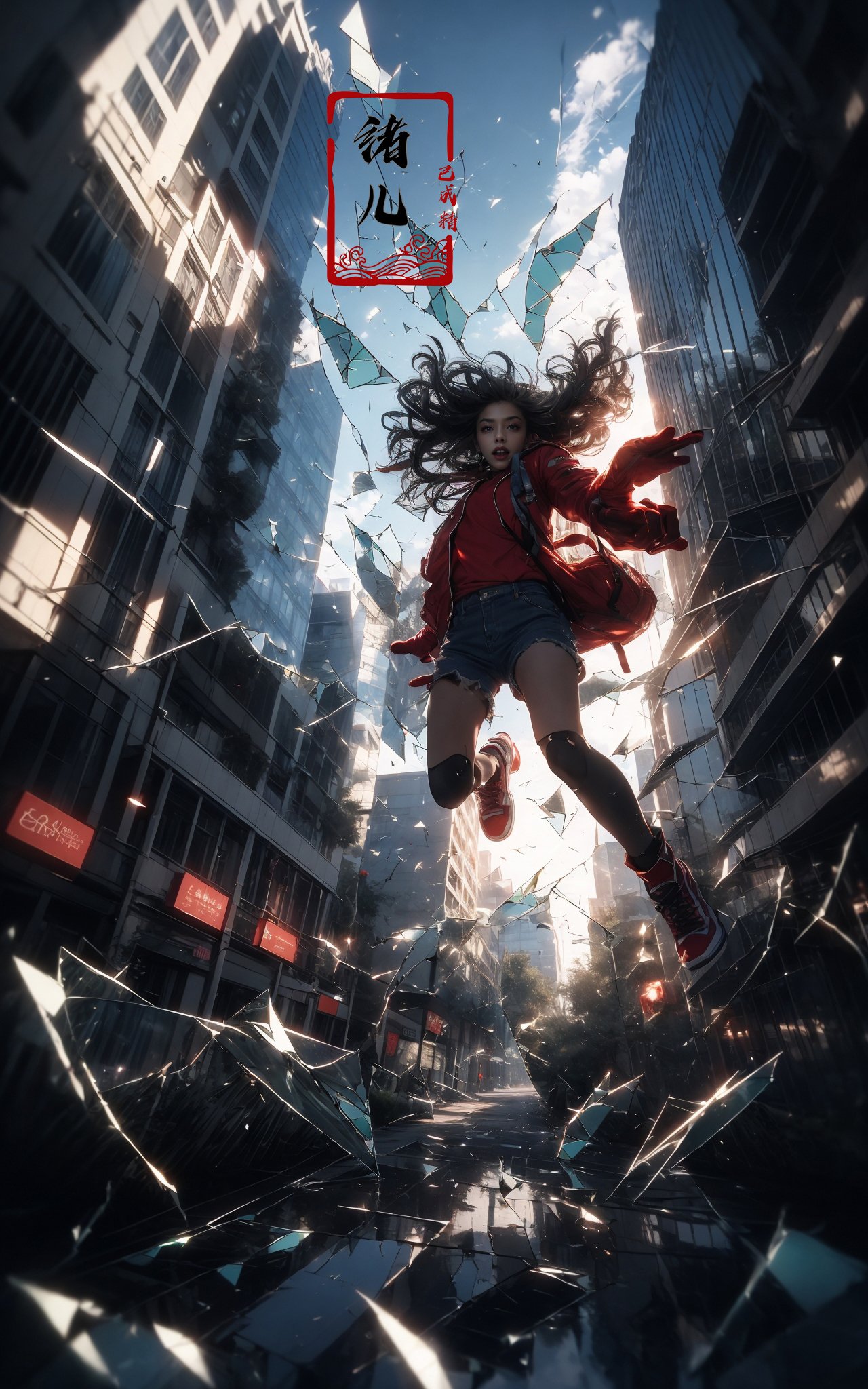 jumping，midair, (1girl, solo:1.2), open mouth, outdoors, building, (broken glass:1.5), shoes, (red gloves:1.3),Glow, reflective glass, light pollution，<lora:绪儿-跳跃构图 jumping:0.8>