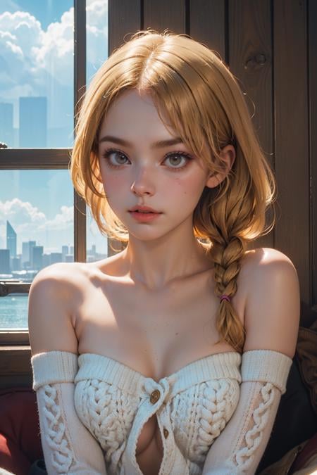 ( detailed realistic background:1),( official art, beautiful and aesthetic:1 ),realistic lighting,cinematic lighting,hyperrealism,soothing tones,muted colors,high contrast,soft light,sharp,artistic photoshoot,( cute, petite),slender,european,pale cheeks,square face shape with angular jaw,natural "no-makeup" makeup,huge breasts,honey blonde milkmaid braid hair,wearing Cable knit fingerless gloves and crochet stockings , Upper Body  , ,Bare shoulders, Bare neck, , cloud city serene pond,angelfish,hidden treasure,