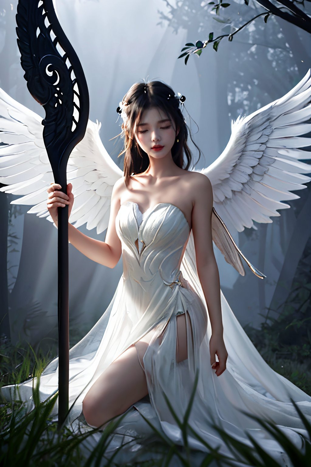 huiren01,1girl,wings,halo,long hair,solo,dress,angel,angel wings,holding,white dress,black hair,bare shoulders,scythe,feathered wings,nature,forest,staff,closed eyes,strapless dress,strapless,weapon,<lora:guiren1.5:0.8>,, masterpiece, best quality,