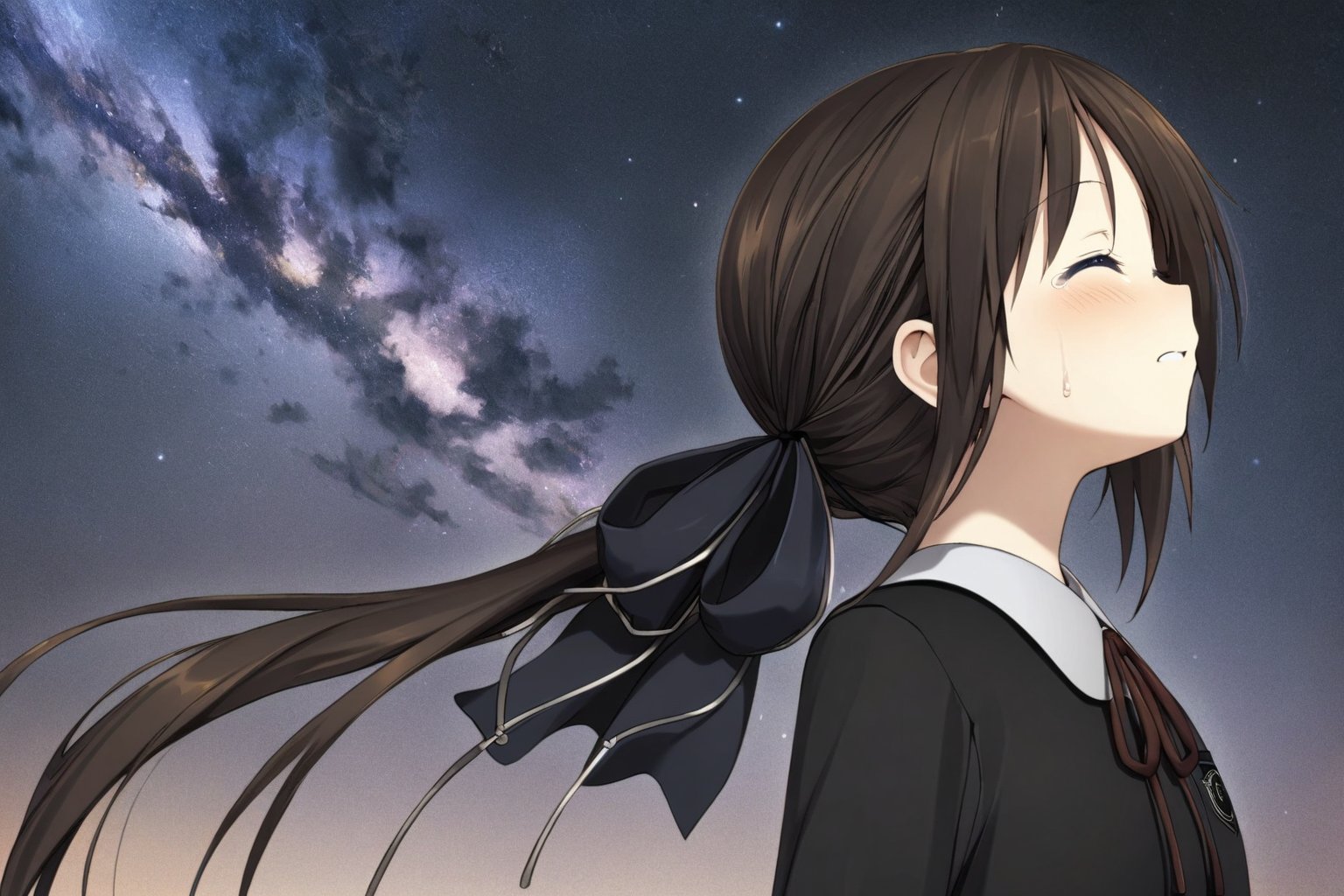 (A girl looking up at the sky, closing her eyes and holding back tears), dark sky, tortinita fine, 1girl, solo, ponytail, darkblue hair-ribbon, school uniform, (masterpiece, high-quality, breathtaking, highres, ultra detailed), (expressive eyes, perfect face) <lora:Tortinita Fine:1> <lora:Fixhands_anime_bdsqlsz_V1:1>