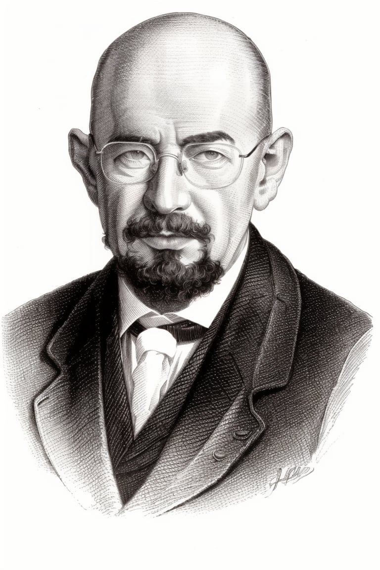 ((HRD, HUD, 8K)),((masterpiece, best quality)), highly detailed, soft light,PenDrawing, monochrome, 1boy, greyscale, male focus, facial hair, beard, solo, glasses, mustache, bald, old man, old, white background, simple background, <lora:20240502-1714613055003:0.8>