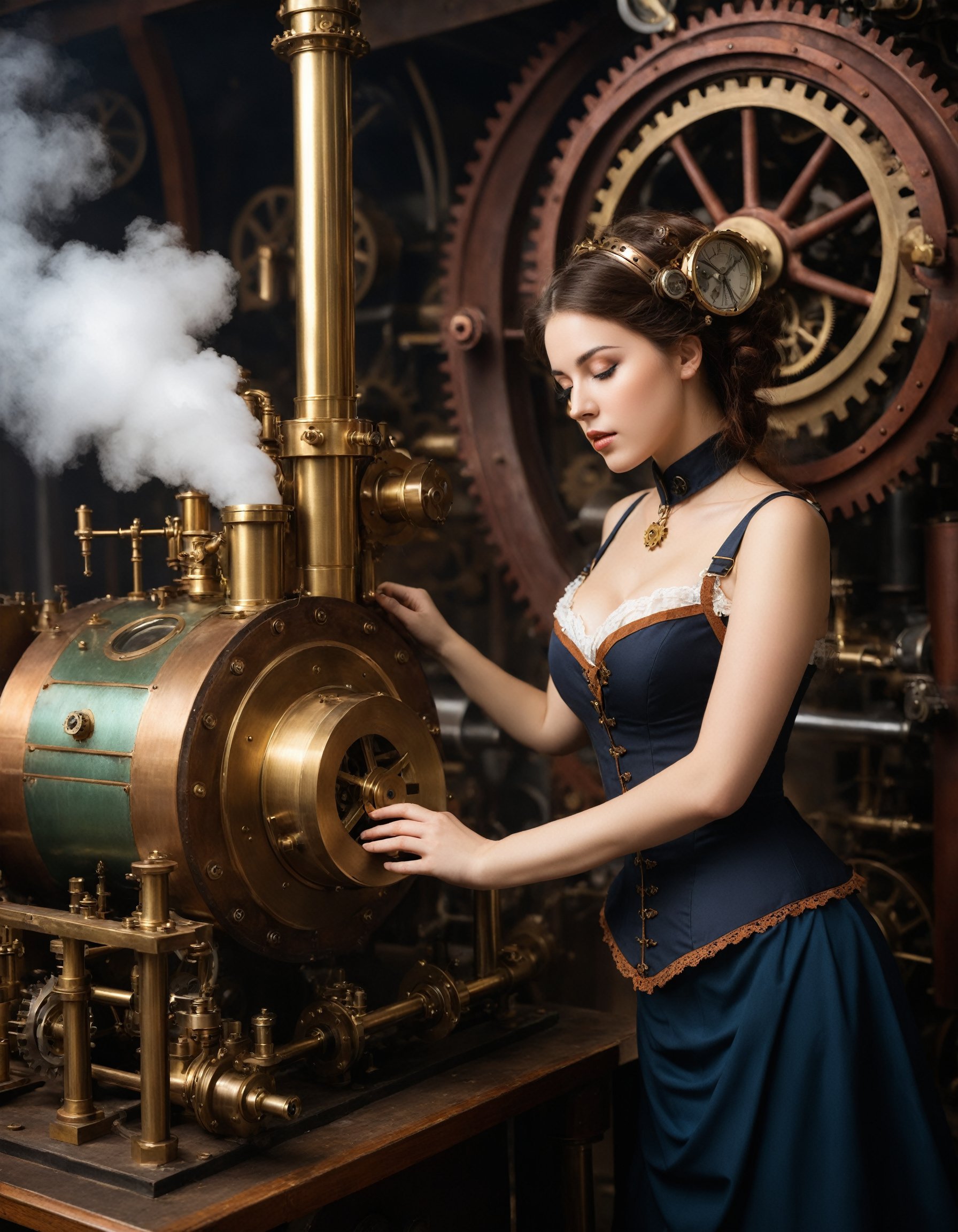 1igrl, A steampunk style photo of Breathe into me and make me real, bring me to life . blending of victorian technology, steam-powered, cogs, brass machinery