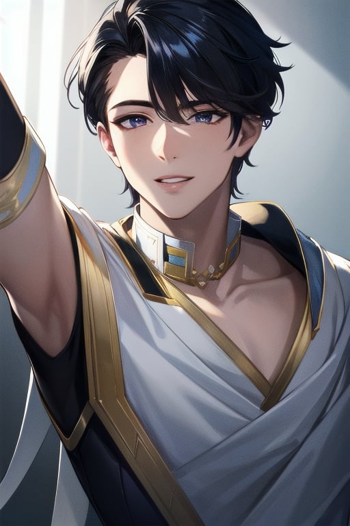 ((masterpiece)),  ((best quality)),  (ultra-detailed),  absurdres,  extremely detailed CG unity 8k wallpaper,  Official Art, [expressive eyes,  beautiful face:0.5],  detailed hands,    upper body,  close up,  solo,  scenery,  illustration,  dramatic lighting,  standing,  arm at side,  seductive smile,  parted lips,  1boy, bishounen,  ((masterpiece)),  , absurdres,  HDR, <lora:GoodHands-beta2:1>