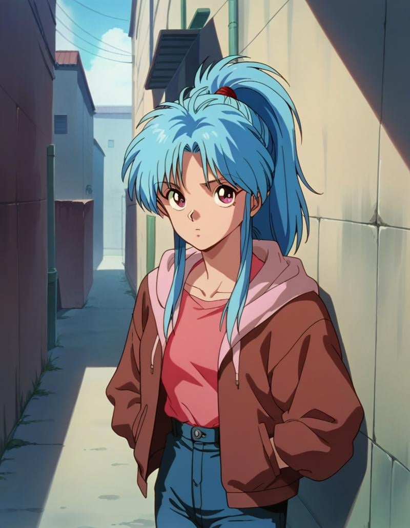 score_9, score_8_up, score_7_up, 1girl, solo, looking at viewer, <lora:Botan PDXL:0.8>, botan, ponytail, blue hair, parted bangs, pink eyes, hood, hoodie, pink shirt, denim, jeans, outdoors, alley, uneven eyes, 