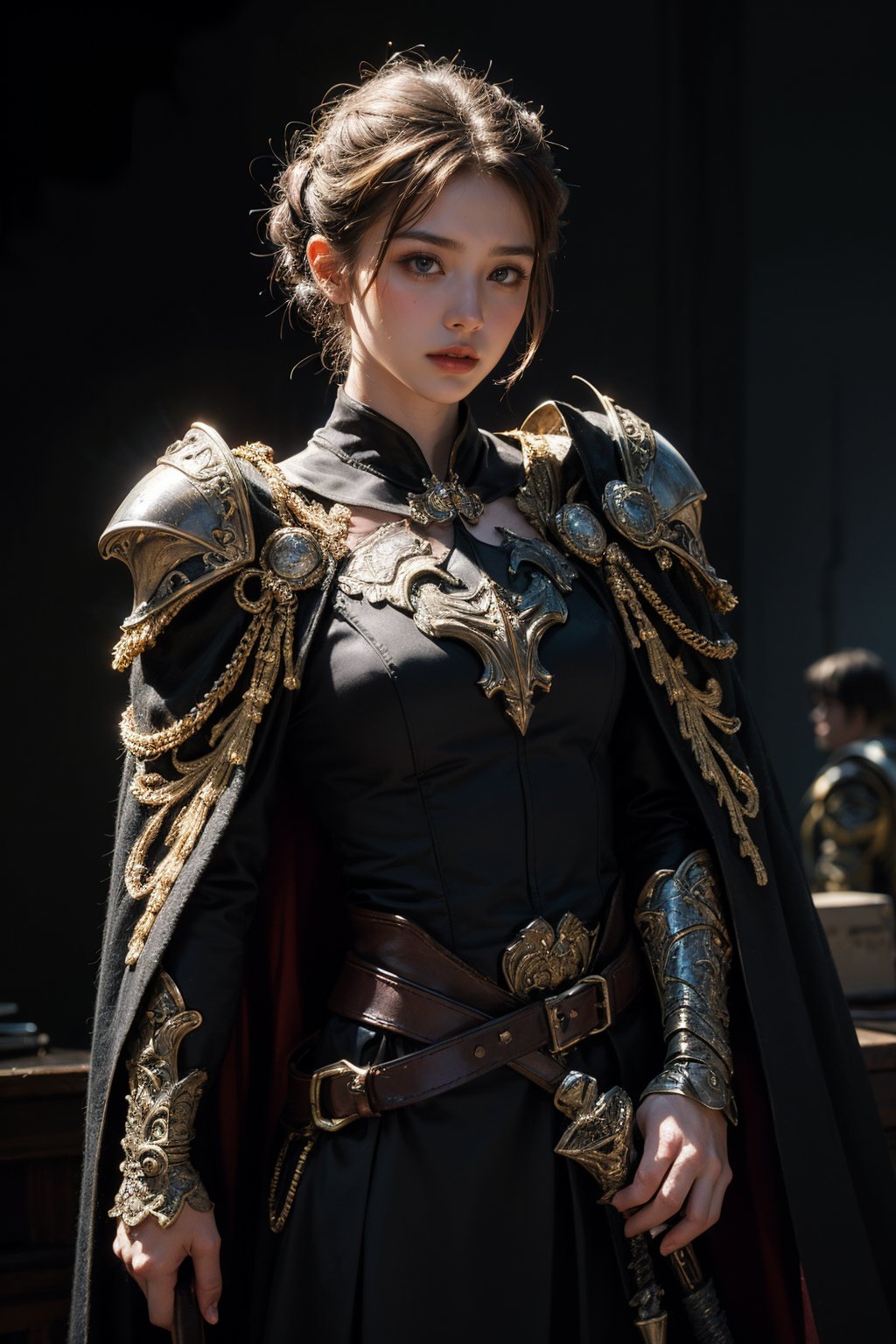 serious look pressed lips, (black updo:1.2), (black steel armor:1.1) and robes (cape:1.2) royalty ornate (embroidery:0.5) with sword, skinny (Gorget Plackart pauldron :1.3), (masterpiece:1.2) (illustration:1.1) (best quality:1.2) (detailed) (intricate) (8k) (HDR) (wallpaper) (cinematic lighting) (sharp focus)