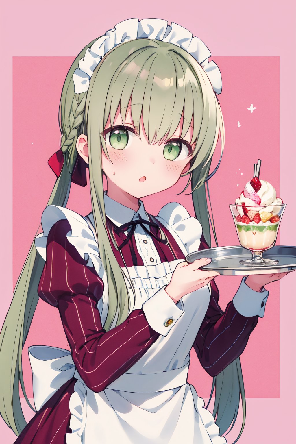 1girl, cecilia \(shiro seijo to kuro bokushi\), official art, green eyes, solo, maid headdress, parfait, eyebrows visible through hair, blush, maid, tray, green hair, food, holding tray, parted lips, looking at viewer, white apron, juliet sleeves, frills, :o, very long hair, hair between eyes, striped dress, frilled apron, strawberry, neck ribbon, floral background, pink background, hair bow, maid apron, single braid, red dress, braided ponytail, alternate costume, black ribbon, blonde hair, fruit, blue bow, ice cream, enmaided, twin braids, white flower, center frills, vertical stripes, black neckwear, upper body, sidelocks, shirt, puffy long sleeves, collared dress, waist apron, open mouth, shiny hair, collared shirt, shiny, twintails, holding plate, plate, waitress<lora:cecilia_shiro_seijo_locon_v1:0.9>