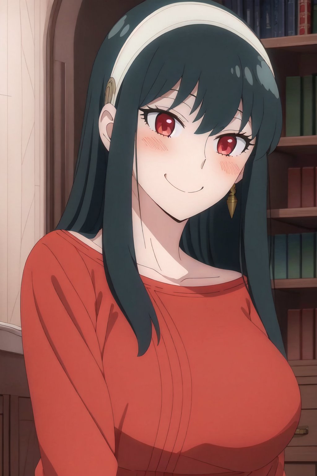 yorforger, 4k, absurd, high resolution, very high resolution, high definition, masterpiece, red sweater, pantyhose, red eyes, upper body, smile, embarrased, blushing<lora:EMS-352455-EMS:1.000000>