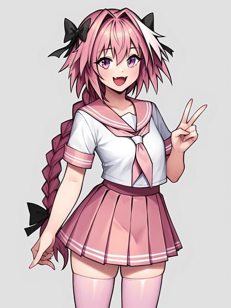 score_9, score_8_up, score_7_up, score_6_up, score_5_up, score_4_up, rating_safeBREAKastolfo \(fate\), otoko no ko, pink hair, braid,BREAKsolo, standing, pink serafuku, white shirt, pink thighhighs, pink skirt, peace sign,BREAKwhite background, <lora:Lunas-Naidong-SDXL-B2:1>