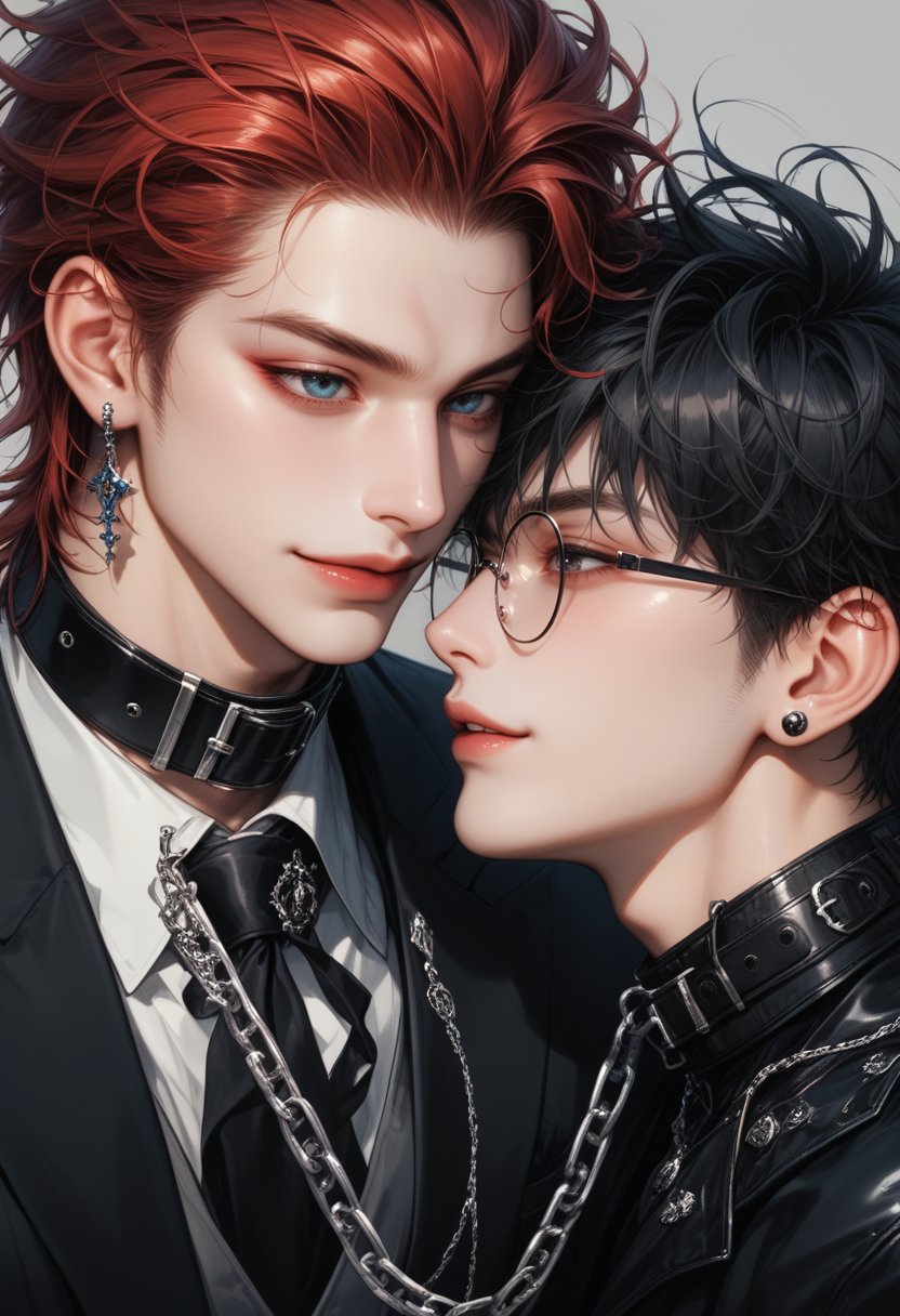 score_9, score_8_up, score_7_up, anime style, two male characters, one with black messy hair and blue earring, the other with red hair and glasses, intimate interaction, gothic fashion, one character wearing gloves holding the other’s chin, teasing expression, collar with chain, soft smile, minimalistic background, elegant, sketch-like style, muted color palette, emotional tension, close-up shot, detailed facial expressions, romantic tension, delicate linework, stylish and dark aesthetic