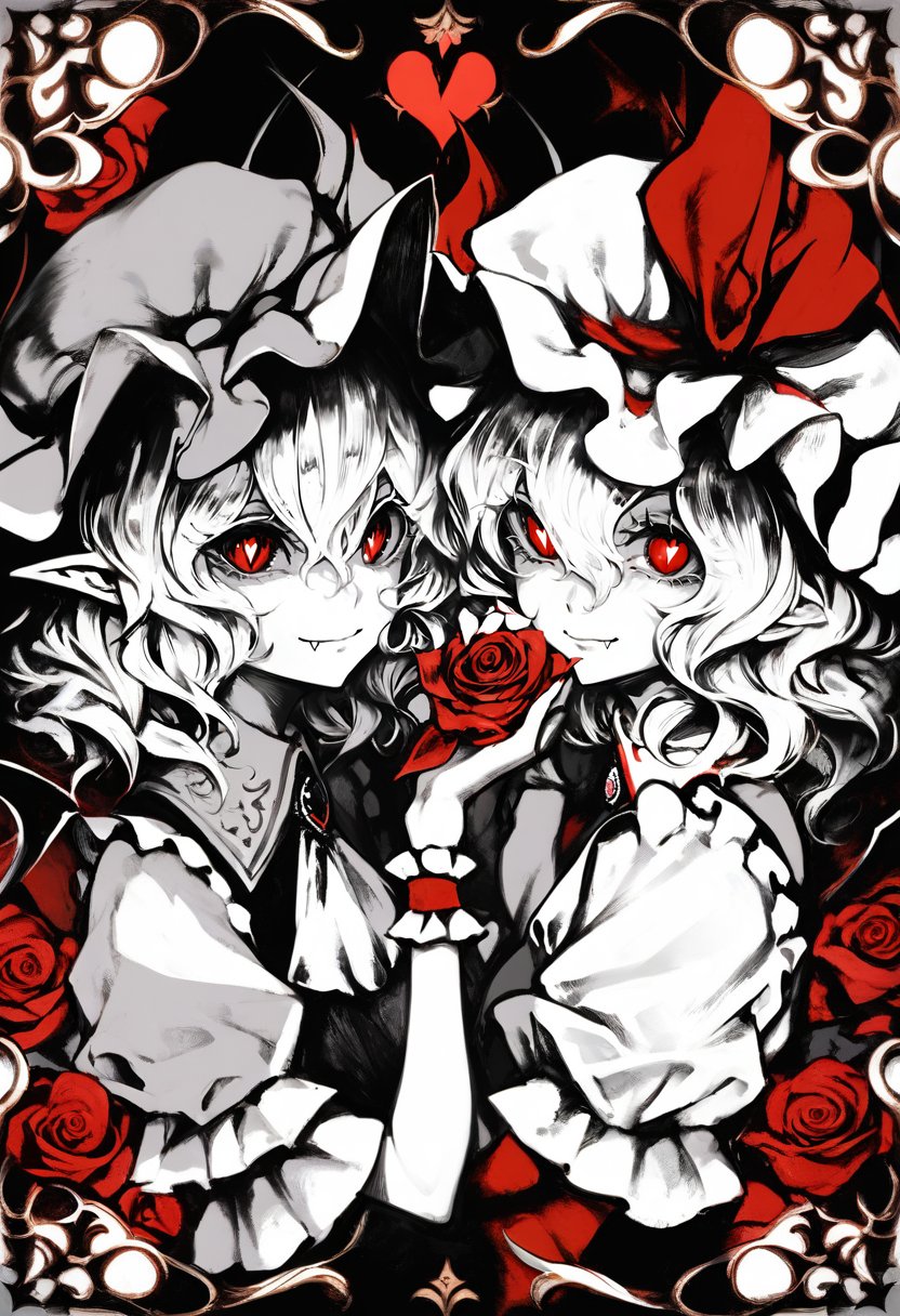 2girls, multiple girls,flandre scarlet, remilia scarlet,monochrome, greyscale, siblings, hat, sisters, mob cap, wings, rotational symmetry, playing card, looking at viewer, card, ascot, flower, jewelry, hat ribbon, bat wings, ribbon, smile, spade \(shape\), card \(medium\), diamond \(shape\), crystal, brooch, symmetry, upper body, rose, closed mouth, medium hair, short sleeves, heart, pointy ears, holding hands, shirt, puffy short sleeves, diamond-shaped pupils, red flower, spot color, hair between eyes, leaf, hand on own face, heart brooch, third eye, hands up, puffy sleeves, holding card, red eyes, split screen, wide sleeves, red ribbon, red rose, slit pupils, sideways glance, one side up, vest, wrist cuffs, shiny colors miharu everanding \(meme\), meme, hand on own cheek, holding, hair ornament, fang, symbol-shaped pupils, from side,score_9, score_8_up, score_7_up, score_6_up<lora:banpaiakiraXL_P6_lokr_V4236:0.95>