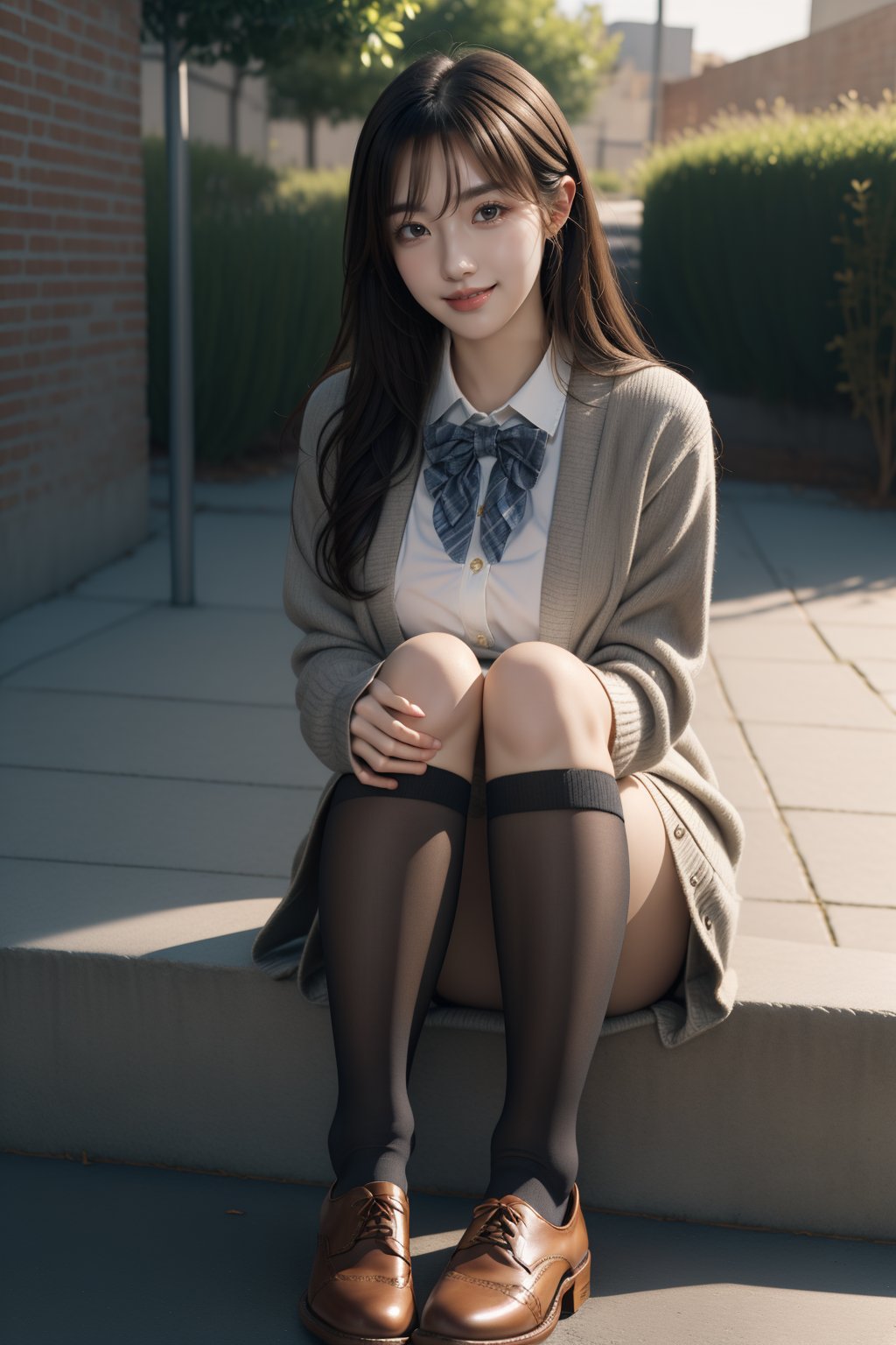 masterpiece,best quality,extremely detailed 8K wallpaper,1girl,JK,plaid skirt,school uniform,brown shoes,sitting,smile,