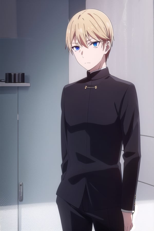 miyukishirogane, <lora:miyuki shirogane s3-lora-nochekaiser:1>,miyuki shirogane, blonde hair, male focus, blue eyes,BREAK school uniform, pants, gakuran,BREAK indoors, classroom,BREAK looking at viewer, (cowboy shot:1.5),BREAK <lyco:GoodHands-beta2:1>, (masterpiece:1.2), best quality, high resolution, unity 8k wallpaper, (illustration:0.8), (beautiful detailed eyes:1.6), extremely detailed face, perfect lighting, extremely detailed CG, (perfect hands, perfect anatomy),