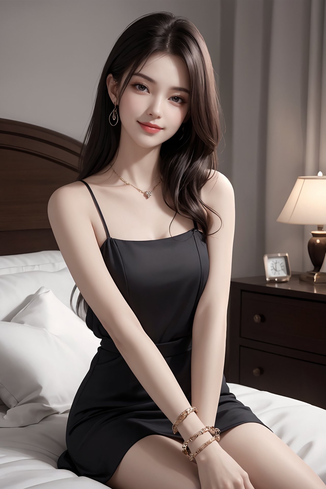 1girl, bed, black hair, bracelet, dress, jewelry, lips, long hair, looking at viewer, pillow, realistic, sitting, smile, solo, watch, wristband, wristwatch <lora:jk美女:0.8>