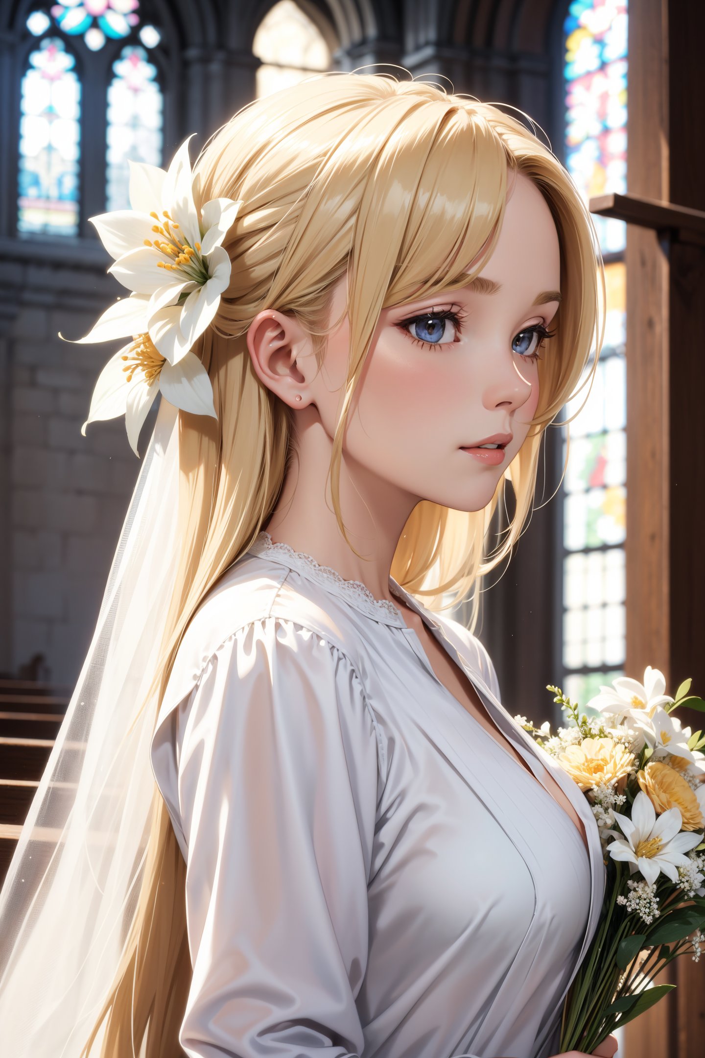 mature woman,blonde,portrait,church,wedding dress,holding flower,day,long hair,close up,from side