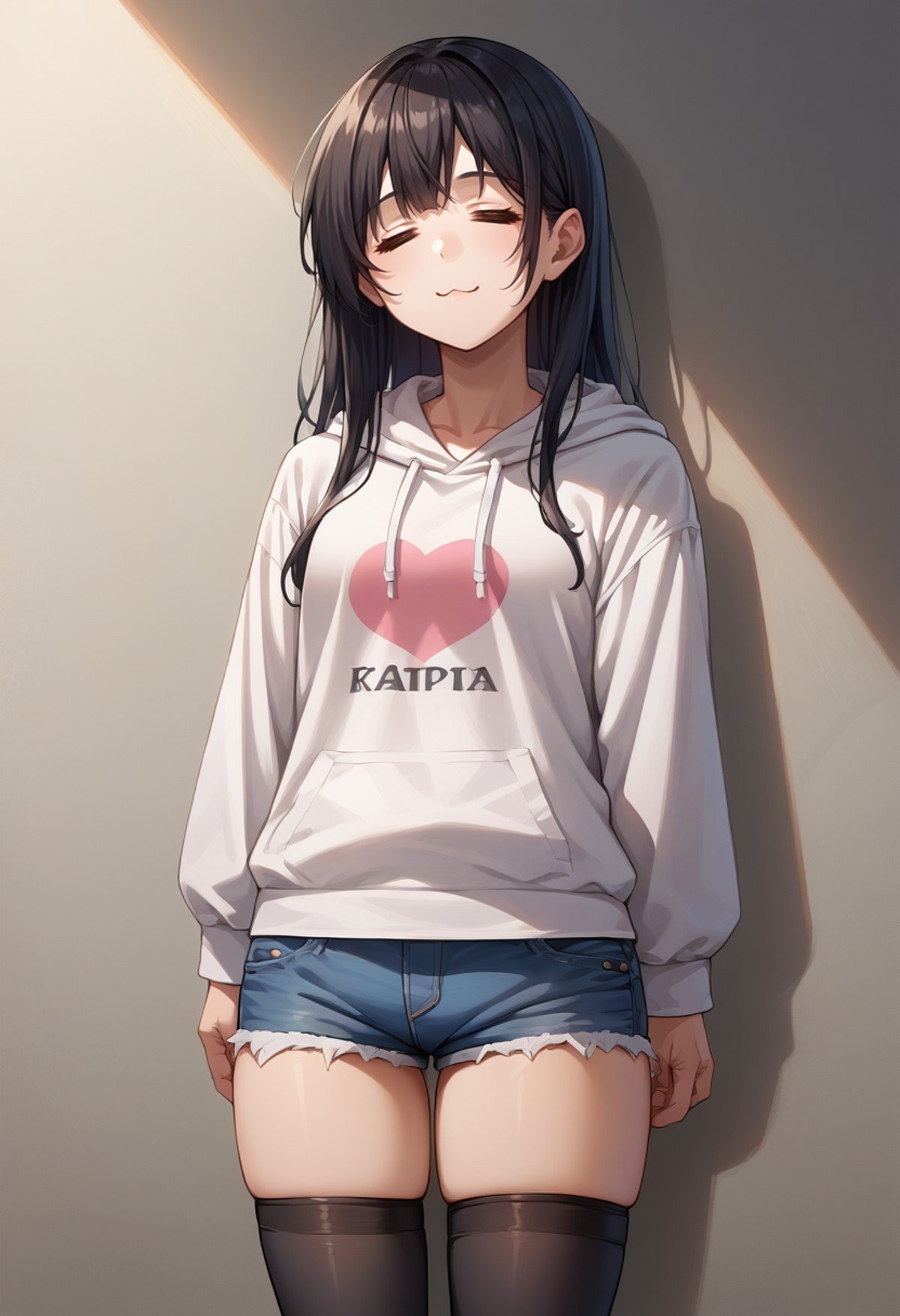 score_9, score_8_up, source_anime, 1girl, solo, =w=, :3, = =, eyes closed, black hair, long hair, thighs, hoodie, denim shorts, black thighhighs, <lora:ChamElfExpressionPonyXL:1>