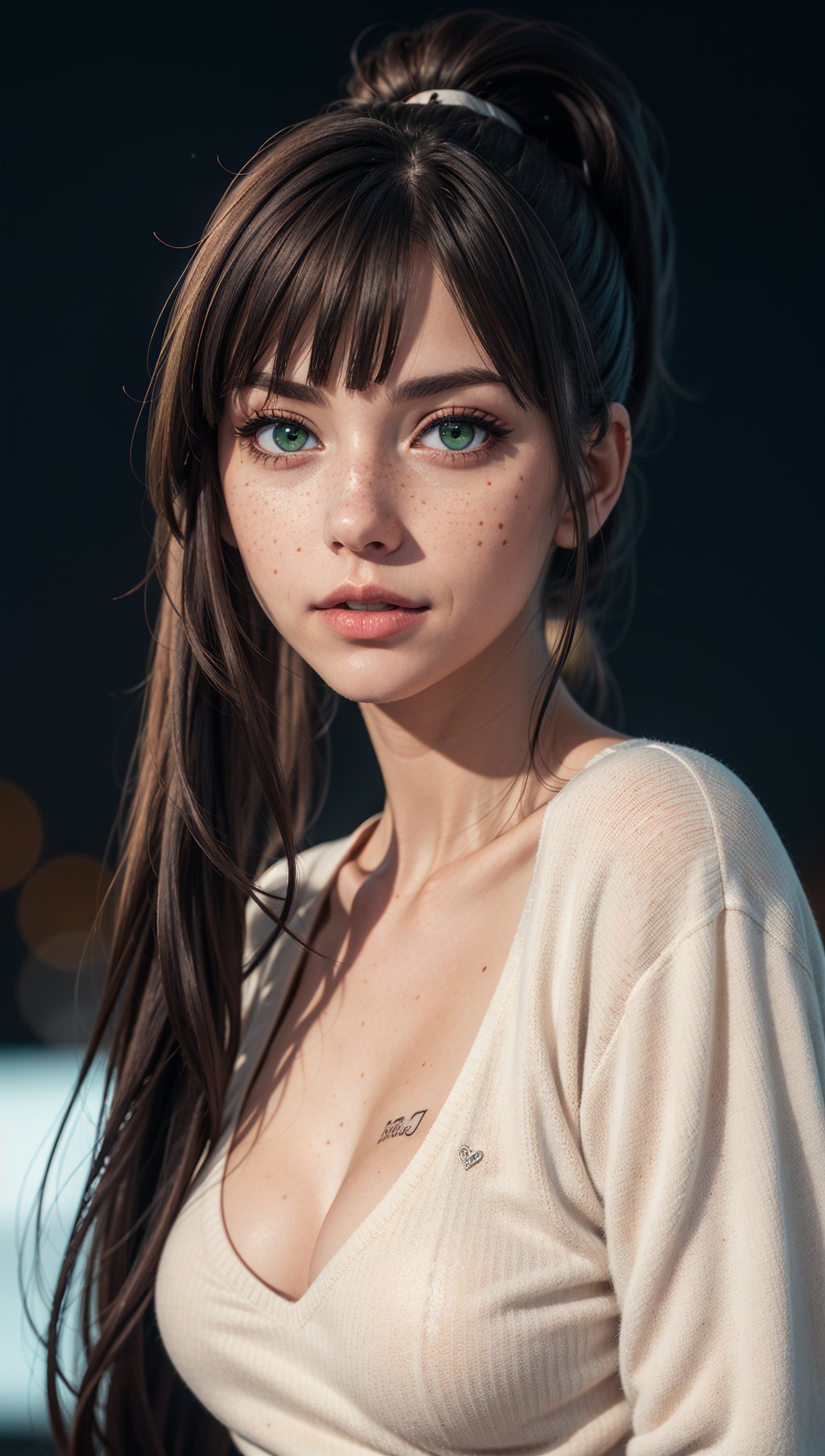 woman,simple background,multi-color hair ponytail,swept bangs,white sweater,cleavage,black yoga pants,elegant,beautiful,freckles,realistic,heterochromia,beautiful green eyes,up close,dark shadows,night background,neon hearts lights dark,chiaroscuro,low-key,