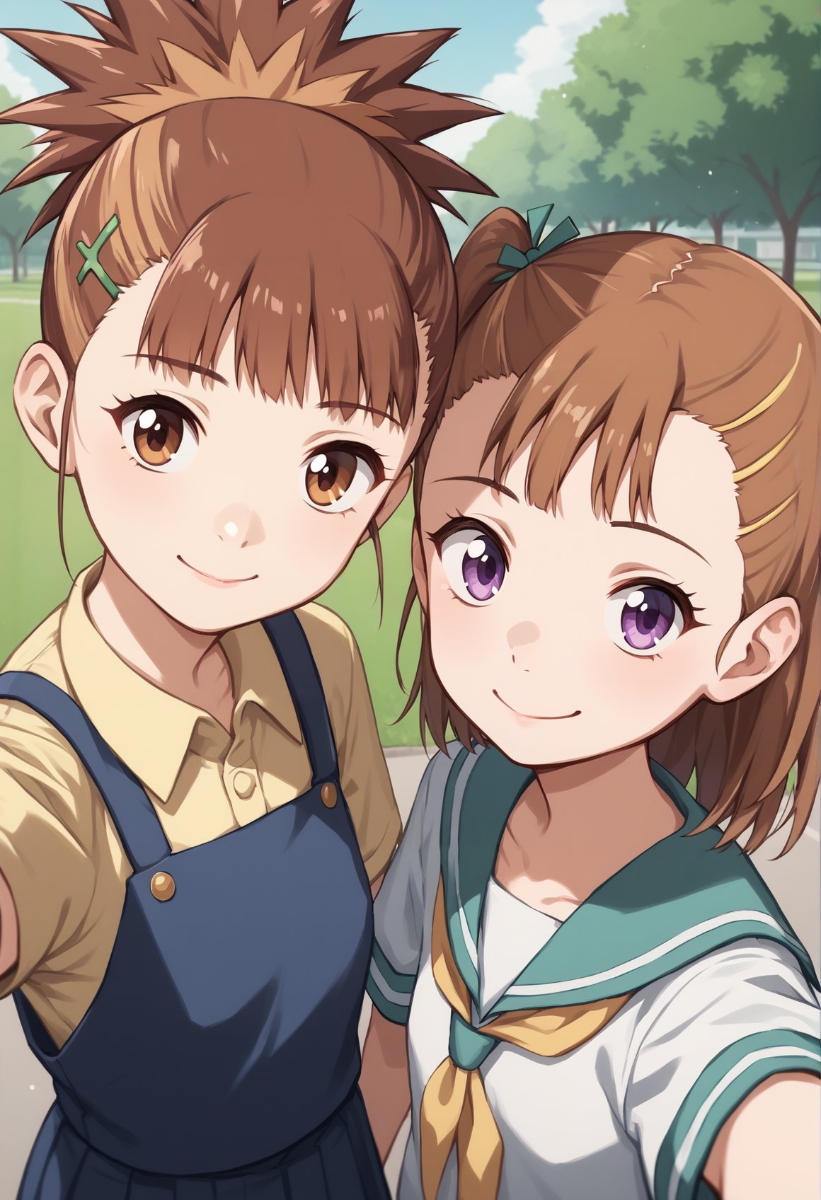 2girls, rika, Two-Tone Hair, multicolored hair, medium hair, blonde hair, brown hair, purple eyes, ponytail, juri, long hair, brown hair, one_side_up, brown eyes, serafuku, outdoors, park, looking at viewer, selfie, smile  <lora:RukiJuri:1>, score_9, score_8_up, score_7_up, score_6_up, score_5_up, score_4_up, BREAK source_anime, masterpiece