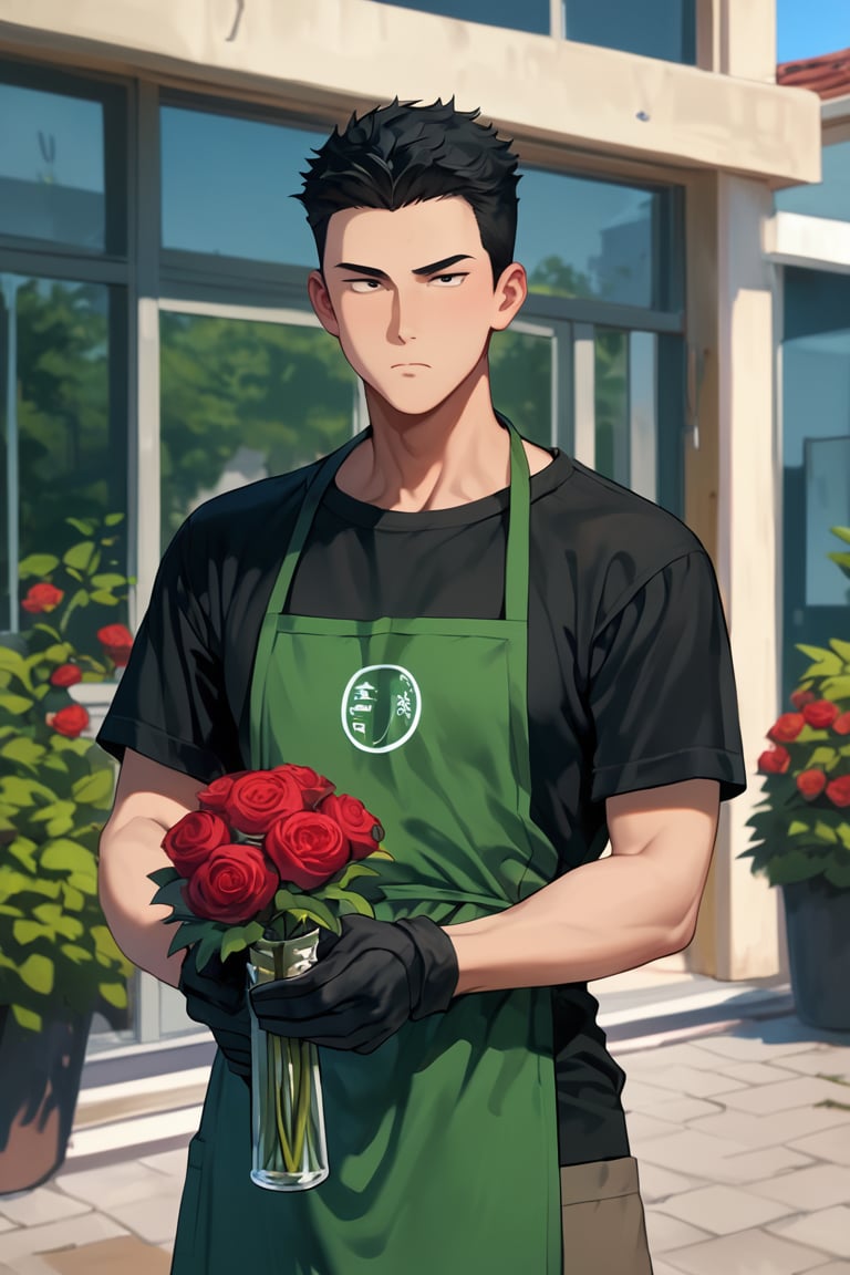 score_9,score_8_up,score_7_up, (solo male:1.2), Isami Ao, (black hair, short hair, neat hair, bare forehead:1.3), brown eyes, sanpaku, constricted pupils, black t-shirt, short sleeves, green apron, long apron, brown pants, black gloves, (holding a vase of red roses), (upperbody), mature, handsome, charming, alluring, standing, cowboy shot, masculine, serious, calm, bored eyes, look at viewer, perfect anatomy, perfect proportions, best quality, masterpiece, high_resolution, (symmetrical picture, front view), photo background, gorgeous, outdoor, sidewalk, multiple types of flowers, plant pots<lora:EMS-369096-EMS:0.800000>