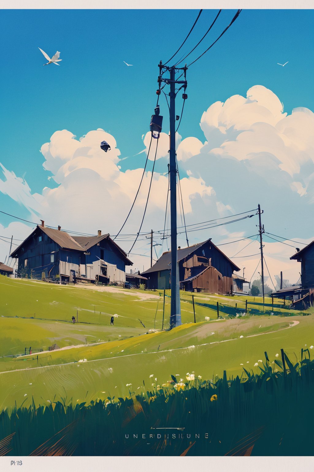 PP, outdoors, sky, cloud, no humans, day, border, blue sky, grass, power lines, white border, bird, scenery, english text, artist name, sign, utility pole, building， <lora:PP_20231011220007-000006:0.7>