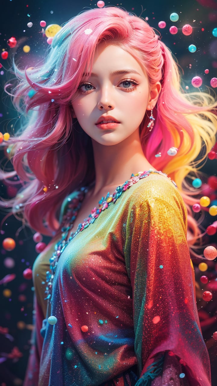 Colorful Girl,full body,1 girl,dynamic posture,colorful hair,gradient hair,powder particle background,ultra-fine powder particles,super details,ultra-high quality,artistic,official art,