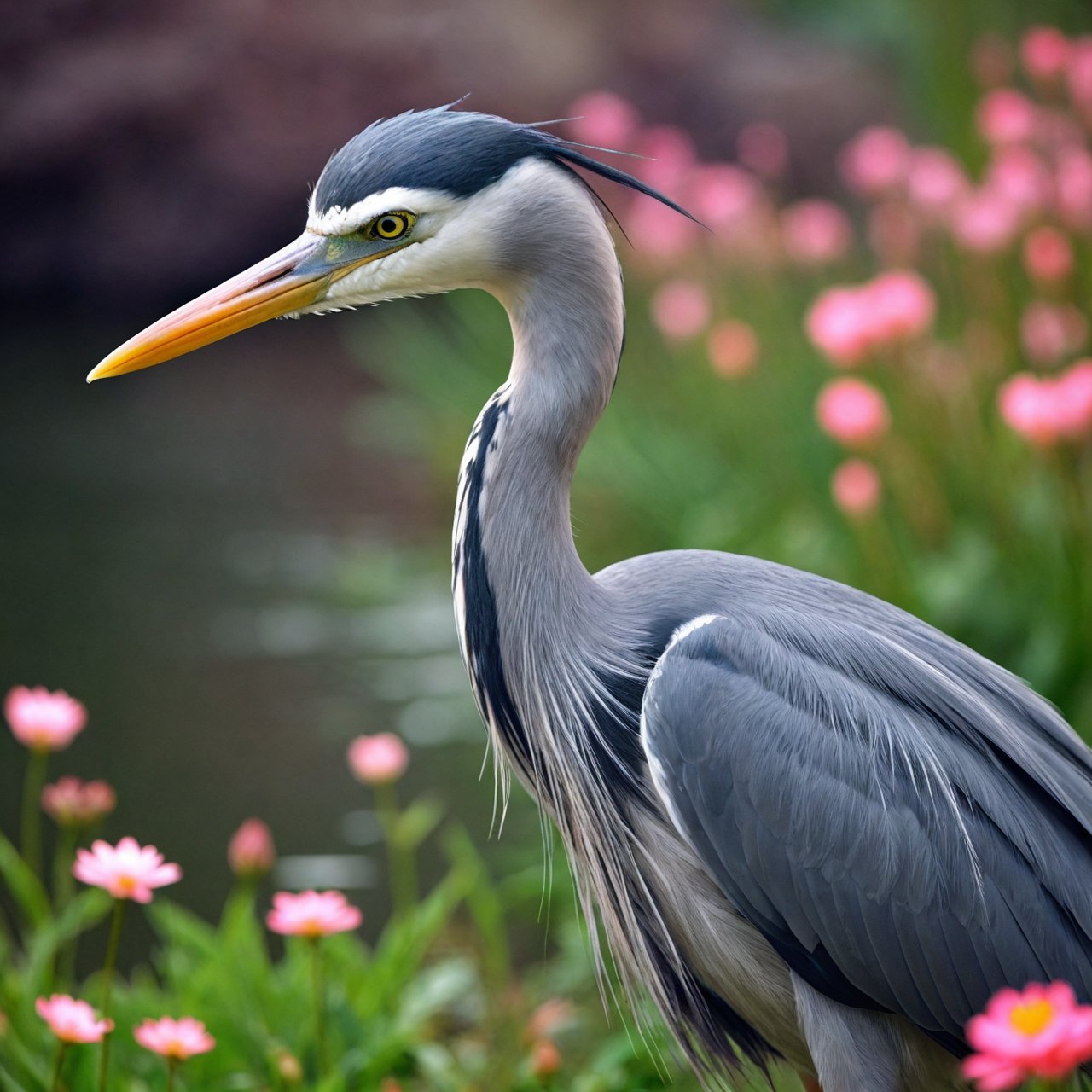 RAW photo, a grey heron, macro shot, deep darks, analog film grain, hdr, extremely detailed, 8k, masterpiece, 35mm photograph, background with flowers, amazing natural lighting, brilliant composition