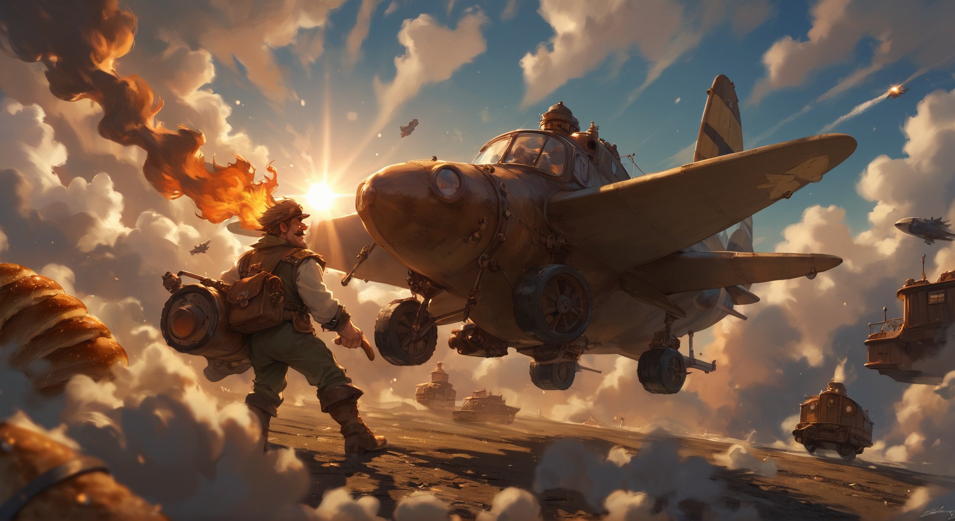 score_9, score_8_up, score_7_up, BREAK, dwarf piloting a steampunk airplane, smoke, pilot, motion blur, big mustache, bread, fantasy, smile, goggles, sky, clouds, fire, suny, soft light, lens flare