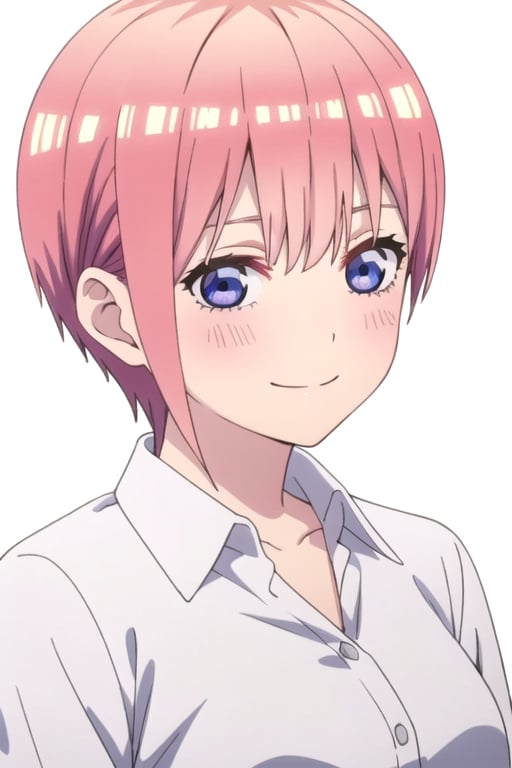 solo, 1girl, looking at viewer, 2D, anime, official style, anime coloring, anime screencap, upper body, (simple background, solid white background:1.3), <lora:ichika-5toubun:0.8>, ichika nakano, blush, collared white shirt, collarbone, smile