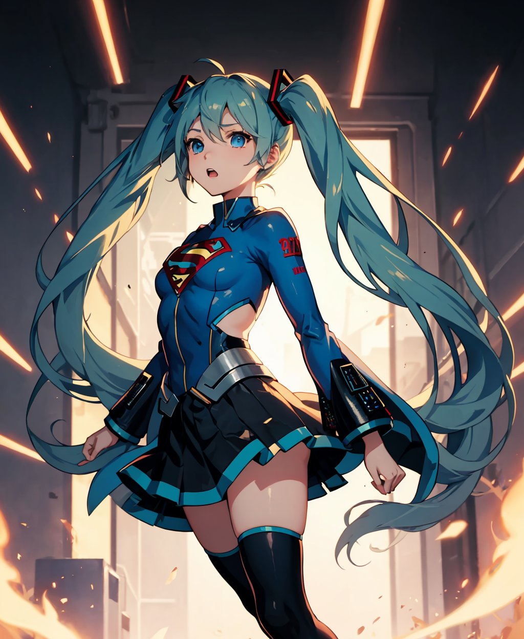 hatsune miku, superman_oc, 1girl, blue hair, blue eyes,  medium breasts, miniskirt, blue skirt, looking to the side, blue cape, solo, <lora:superman_oc-09:0.8>