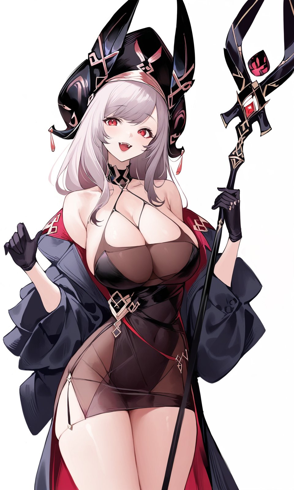 agoto, 1girl, Myo-Chan, breasts, solo, long hair, red eyes, gloves, bare shoulders, large breasts, white background, grey hair, holding, looking at viewer, staff, black gloves, simple background, smile, open mouth, holding staff, dress, black dress, bangs, black headwear, see-through, long sleeves, cleavage, cowboy shot, thighs, off shoulder, hat, :d, teeth, outdoors, sky, masterpiece, best quality, very aesthetic, absurdres,<lora:Agoto_xl:0.8>