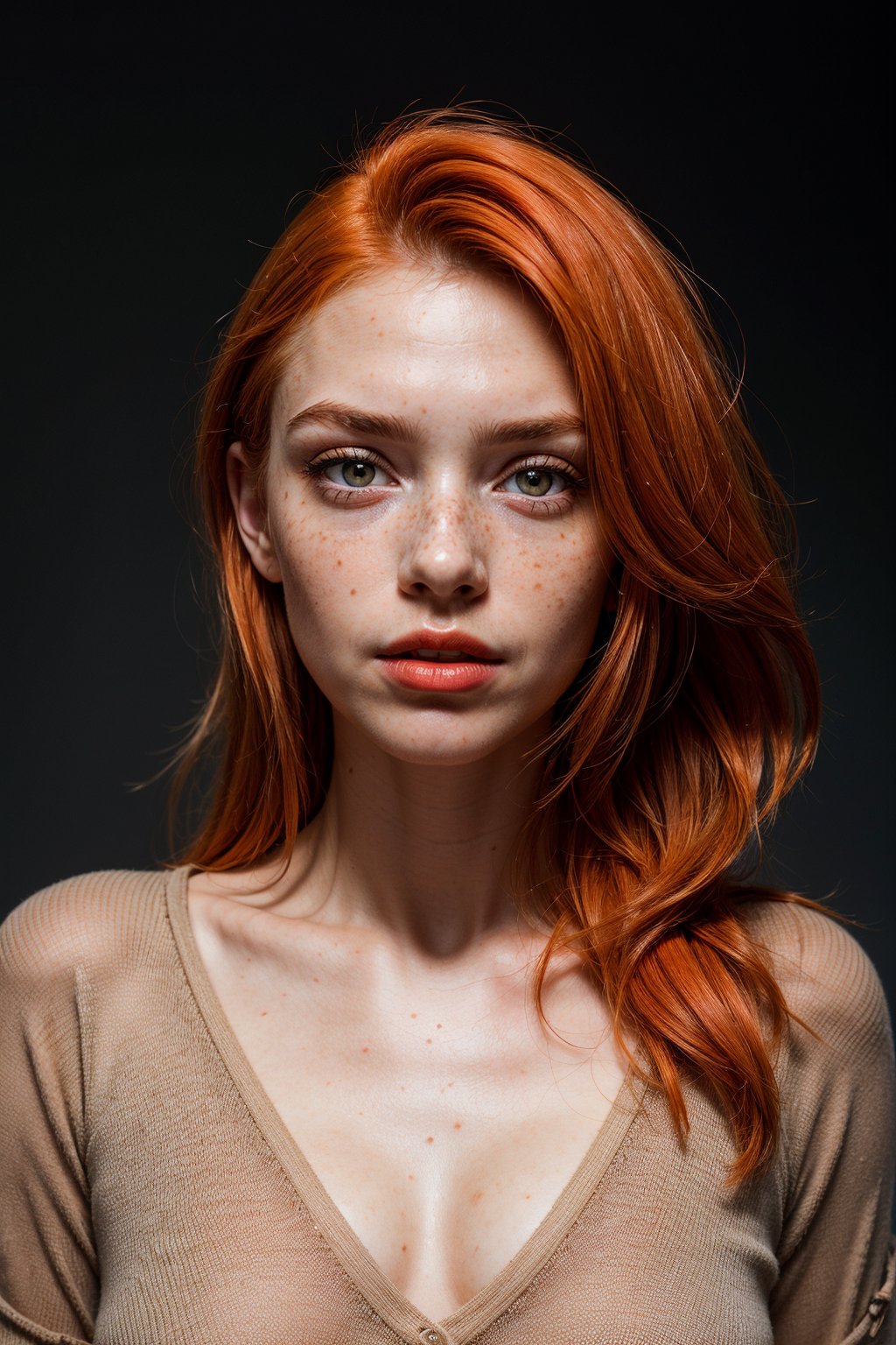 ((Portrait Photography)),(best quality, high quality, sharp focus:1.4), european beautiful woman, (orange hair:1.1), freckles, mode face, makeup, (light matt lipstick:1.1), look at the viewer, shirt, best quality, realistic , masterpiece, dark theme