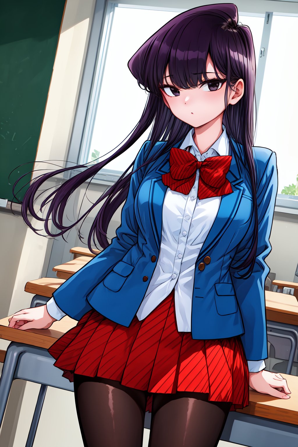 1girl, cowboy shot, classroom, looking at viewer,  standing, komi_shouko, black eyes, black hair, long hair, bangs, bowtie, school uniform, blue jacket, blazer, white shirt, striped, red skirt, black pantyhose, <lora:komi_shouko_lora_ver1:0.7>, best quality, masterpiece, highres, <lora:GoodHands-vanilla:1>