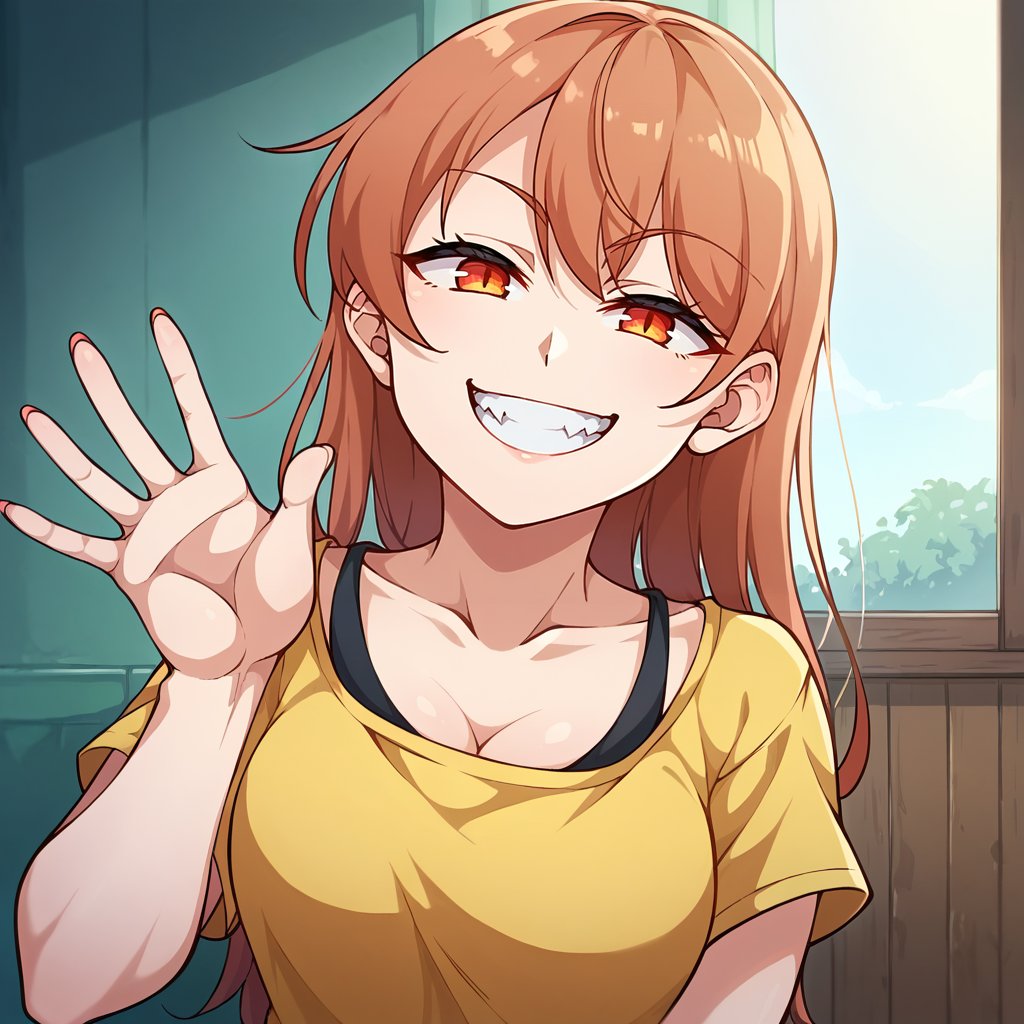 score_9, score_8_up, score_7_up, score_6_up, score_5_up, score_4_up BREAK source_anime, fmuc, 1girl, solo, waving, evil grin, evil, smug, indoors, portrait, looking at viewer, cowboy shot, rating_safe, <lora:MuchinPDXL32V1tx1-000014:1>