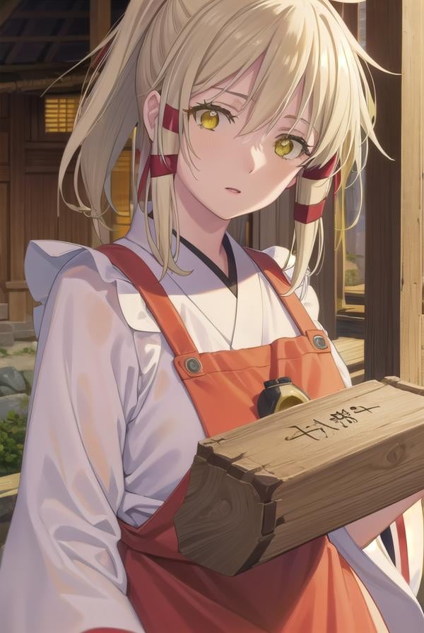 ukanomitamanokami, <lora:uka no mitama no kami s1-lora-nochekaiser:1>,uka no mitama no kami, long hair, blonde hair, hair ribbon, (yellow eyes:1.5), ponytail, tress ribbon,BREAK japanese clothes, miko, apron, (red apron:1.5),BREAK outdoors, shrine,BREAK looking at viewer, (cowboy shot:1.5),BREAK <lyco:GoodHands-beta2:1>, (masterpiece:1.2), best quality, high resolution, unity 8k wallpaper, (illustration:0.8), (beautiful detailed eyes:1.6), extremely detailed face, perfect lighting, extremely detailed CG, (perfect hands, perfect anatomy),