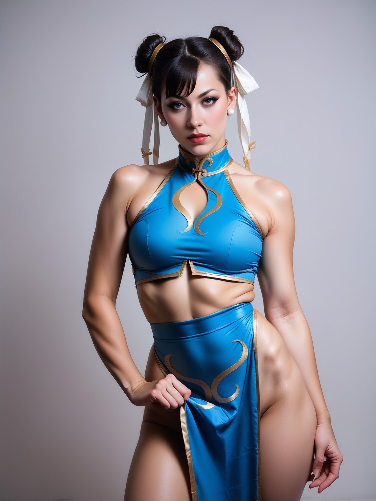 score_8_up, score_7_up, photo, realistic, 1girl, cowboy shot of chun-li, bare shoulders, pelvic curtain,  toned, athletic, simple background