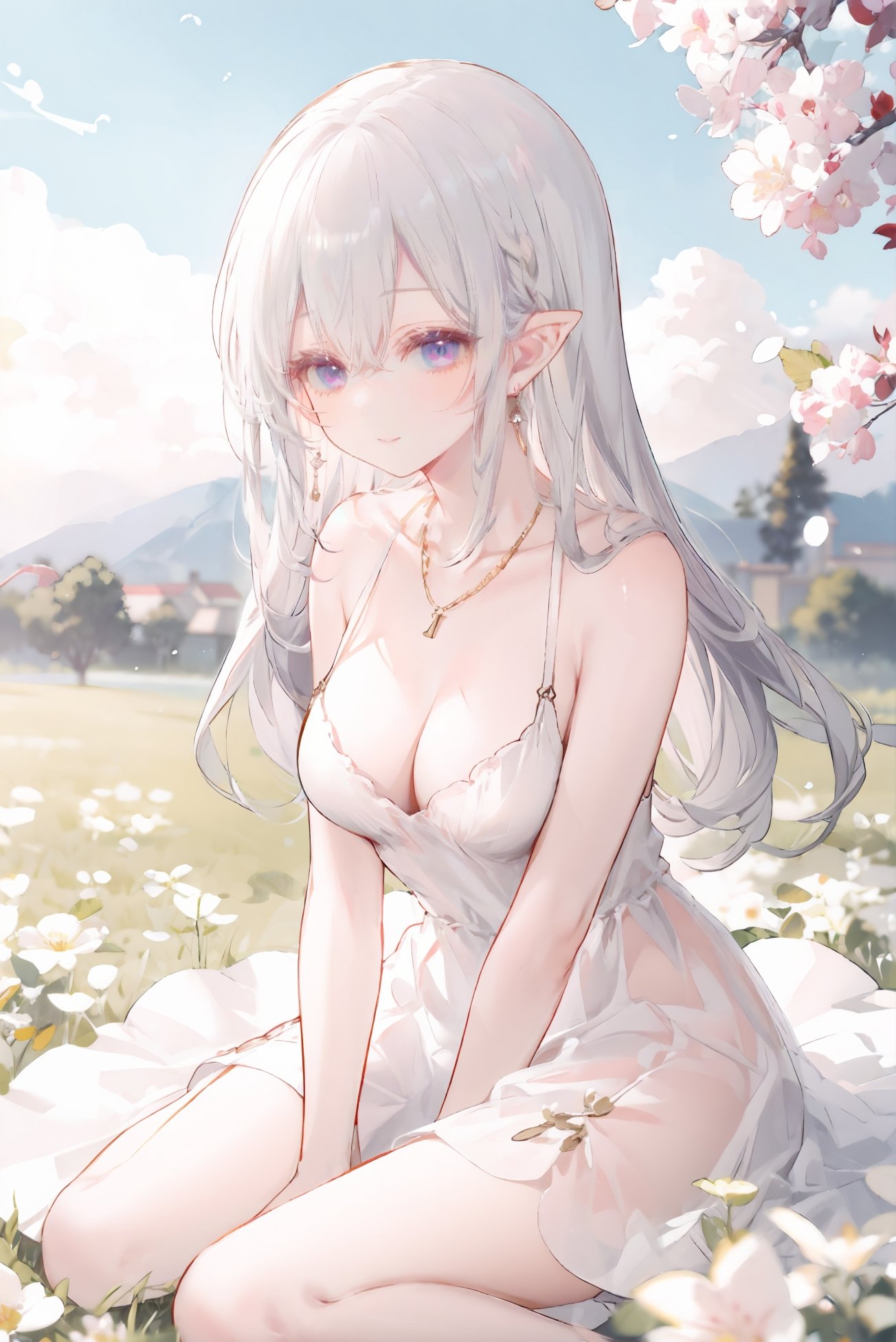 masterpiece,best quality,high detailed,1girl, solo, dress, flower, outdoors, blue eyes, long hair, sitting, white dress, white flower, white hair, breasts, jewelry, pointy ears, day, sleeveless, bangs, closed mouth, flower field, sleeveless dress, looking to the side, field, collarbone, nature, looking away, earrings, medium breasts, hand between legs, smile, floating hair, cleavage, between legs, bare arms, necklace, elf, grass, blurry,<lyco:GoodHands-beta2:0.9>