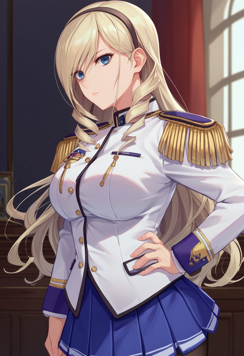 score_9, score_8_up, score_7_up, source_anime, solo, 1girl, celia aintree, expressionless, looking at viewer, standing, hand on own hip, drill hair, hairband, military uniform, white shirt, epaulettes, buttons, long sleeves, blue skirt, pleated skirt, black pantyhose, large breasts, indoors <lora:walkureromanze_aintree_ponyXL:1>