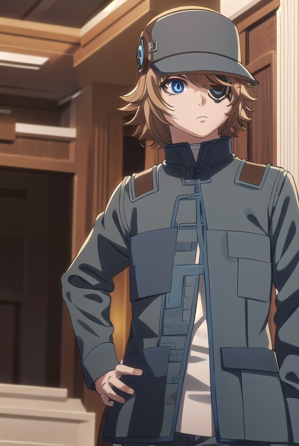 akudamahacker, <lora:akudama hacker s1-lora-nochekaiser:1>,hacker, blue eyes, brown hair, male focus, (eyepatch:1.5),BREAK shirt, hat, jacket, pants, brown pants, green jacket,BREAK outdoors, city,BREAK looking at viewer, (cowboy shot:1.5),BREAK <lyco:GoodHands-beta2:1>, (masterpiece:1.2), best quality, high resolution, unity 8k wallpaper, (illustration:0.8), (beautiful detailed eyes:1.6), extremely detailed face, perfect lighting, extremely detailed CG, (perfect hands, perfect anatomy),