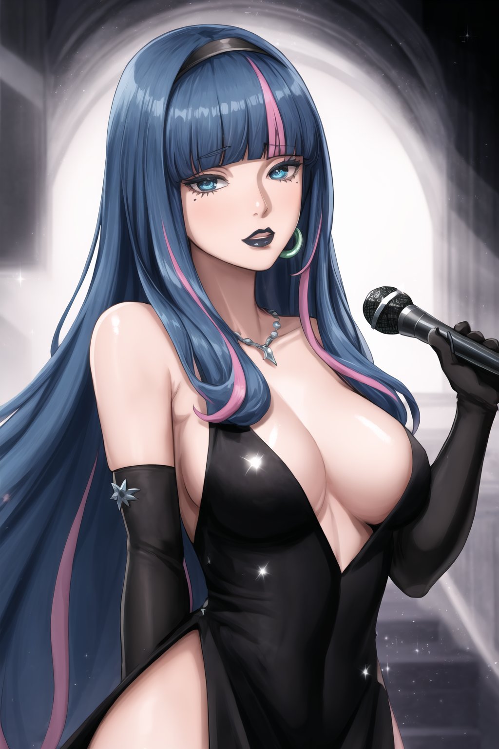 eida, long hair, blue eyes, blue hair, pink hair, multicolored hair, blunt bangs, two-tone hair, earrings,black lips:1.3, lips:1.2, , black dress,1girl, alternate costume, bare shoulders, bead necklace, beads, black gloves, black hairband, black lips:1.4, breasts, cleavage, collarbone, elbow gloves, glitter makeup, gloves, hairband, highres, holding, holding microphone, jewelry, lipstick, makeup, medium breasts, megadeus mommy, microphone, microphone stand, necklace, parted lips, r dorothy wayneright, solo, the big o, upper body, ,b1mb0,eida,black lips<lora:EMS-179-EMS:0.400000>, <lora:EMS-50097-EMS:0.400000>, <lora:EMS-40430-EMS:0.600000>, <lora:EMS-401523-EMS:0.800000>