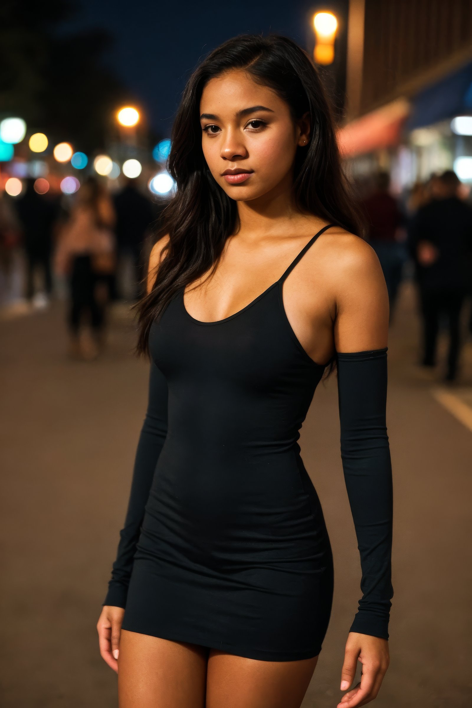 cinematic photo of slim 21-year-old black college girl wearing a tight dress, waiting in a busy street at night, shallow depth of field, highly detailed, bokeh, cinemascope, moody, epic, gorgeous, film grain