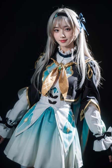 best quality,masterpiece,realistic,photorealistic,1girl,solo,smile,looking at viewer,standing,cowboy shot,arm at side,firefly cosplay costume,cosplay,long hair,white hair,dress,cropped jacket,capelet,shirt,skirt,long sleeves,frilled sleeves,bow,neckerchief,ribbon,fingerless gloves,hairband,hair bow,hair ornament,simple grey background,<lora:Honkai_StarRail_Firefly_costplay_costume_v1:0.7>,