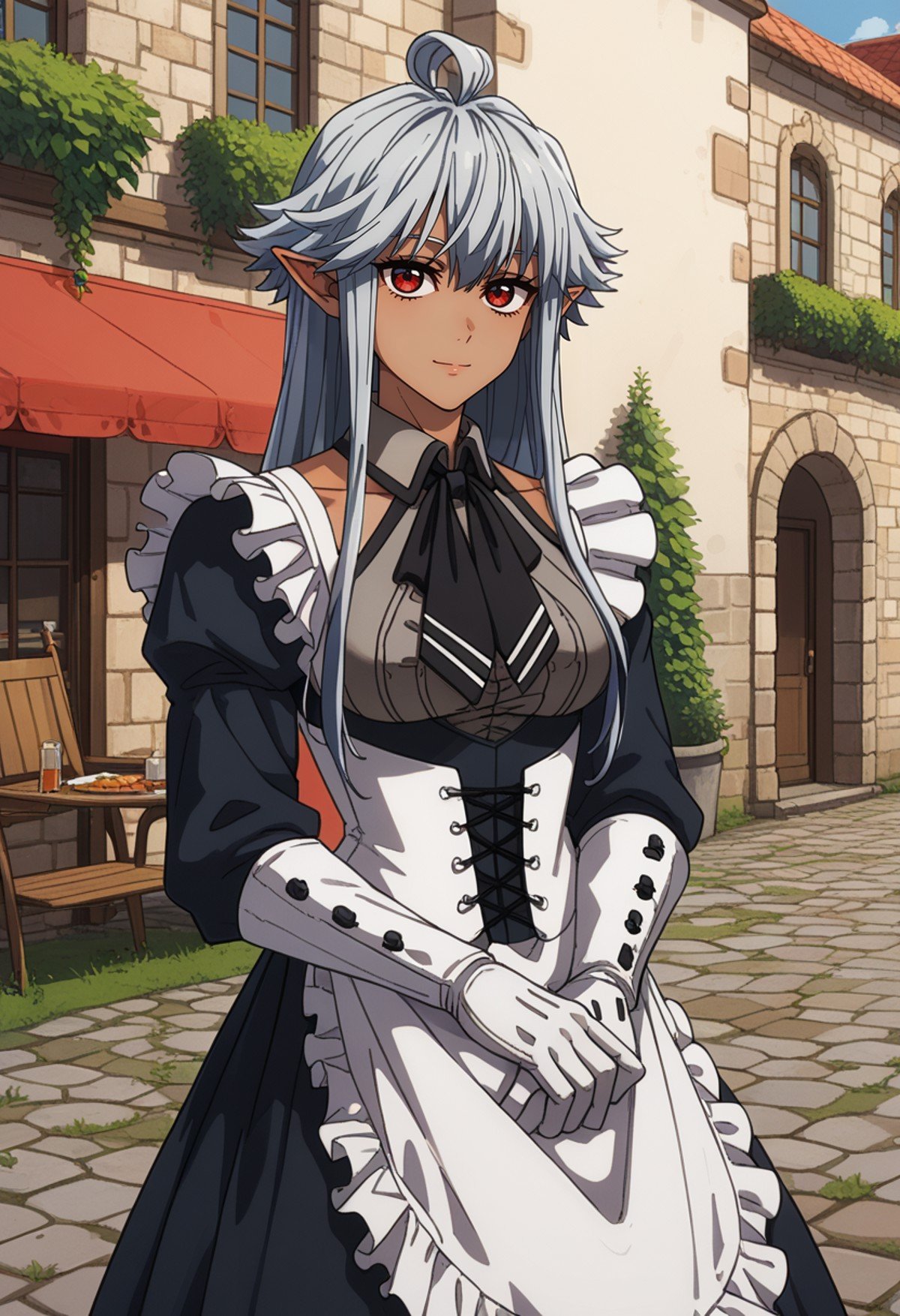 score_9, score_8_up,<lora:ShinmaiOssanBoukensha_ReanetteElfeltXL:0.8>, ReanetteElfelt,1girl, solo, light smile,dark skin, grey hair, red eyes, long hair, pointy ears, ahoge,maid, maid headdress, black dress, frills, clothing cutout, black neckerchief, corset, apron, white gloves,standing, looking at viewer,outdoors, street, medieval