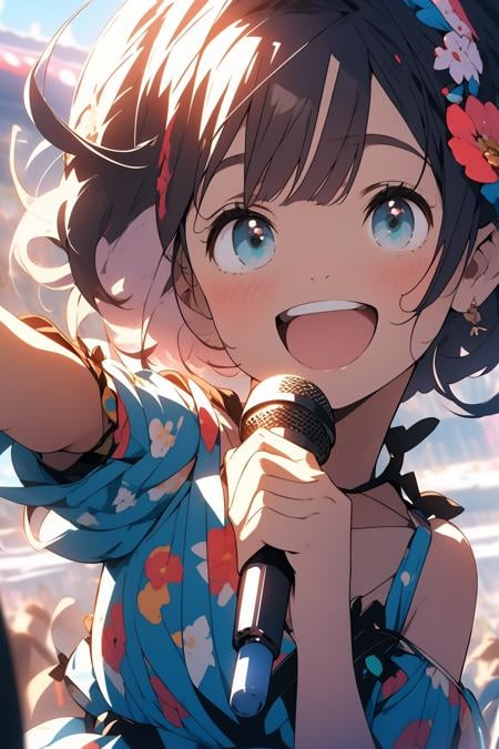 <lora:nijipretty_20230624235607:1.4>,open mouth, smile, dress, solo focus, hair ornament, looking at viewer, brown hair, blush, wings, short hair, hair flower, microphone, holding, flower, crowd, :d, pointing, outstretched arm, green eyes, ribbon, bangs, white dress, 1girl, pointing at viewer, bare shoulders, feathered wings, hair ribbon, holding microphone, letterboxed, multiple boys, blue dress, stage, angel wings, multiple girls, floral print, foreshortening, idol