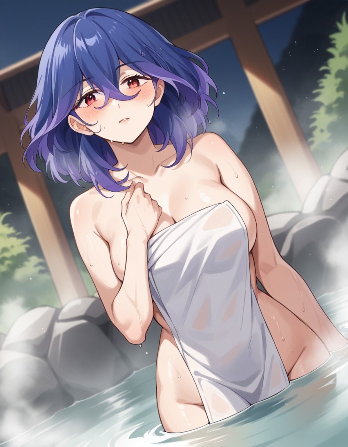 score_9, score_8_up, score_7_up, source_anime,vermeil, <lora:vermeil-s1-ponyxl-lora-nochekaiser:1>,vermeil, red eyes, hair between eyes, blue hair, purple hair, multicolored hair, medium hair,nude, naked, outdoors, onsen, towel, naked towel, steam, bathing, nude cover, partially submerged, water, bath, steam censor, wet towel, blush,looking at viewer, cowboy shot, solo, dutch angle,