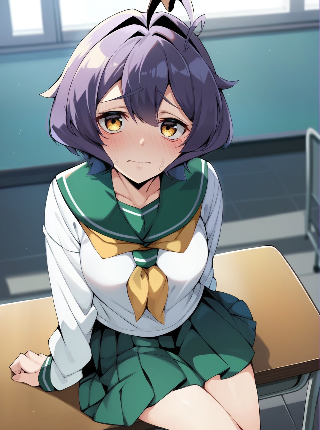 score_4, score_5, score_6, score_9, score_8_up, score_7_up, utenaxl, short hair, purple hair, ahoge, yellow eyes, green serafuku, white shirt, long sleeves, pleated skirt, green skirt, long skirt,  yellow neckerchief,  school uniform, classroom, sitting, blush, nervous, looking at viewer, <lora:utenaxl-10:1>