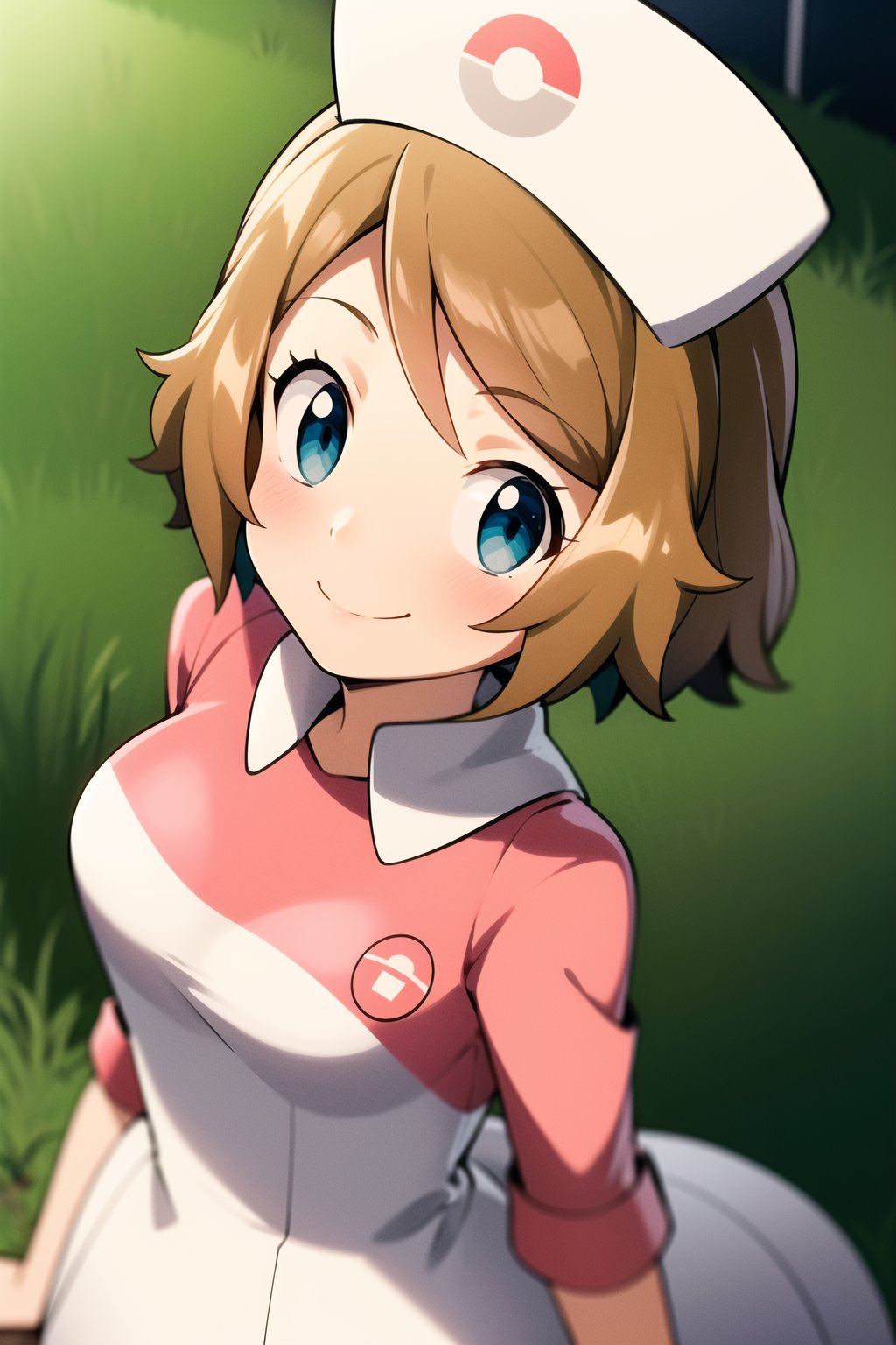 masterpiece, serenajoy, 1girl, solo, looking at viewer, smile, short hair, bangs, blue eyes, outdoors, hospital, brown hair, hat, closed mouth, from above, alternate costume, shiny, shiny hair, cosplay, eyelashes, white headwear, light brown hair, pink dress, nurse cap, collared dress, nurse, poke ball symbol, <lora:more_details:0.4>  <lora:Serena_Joy-12:0.6>