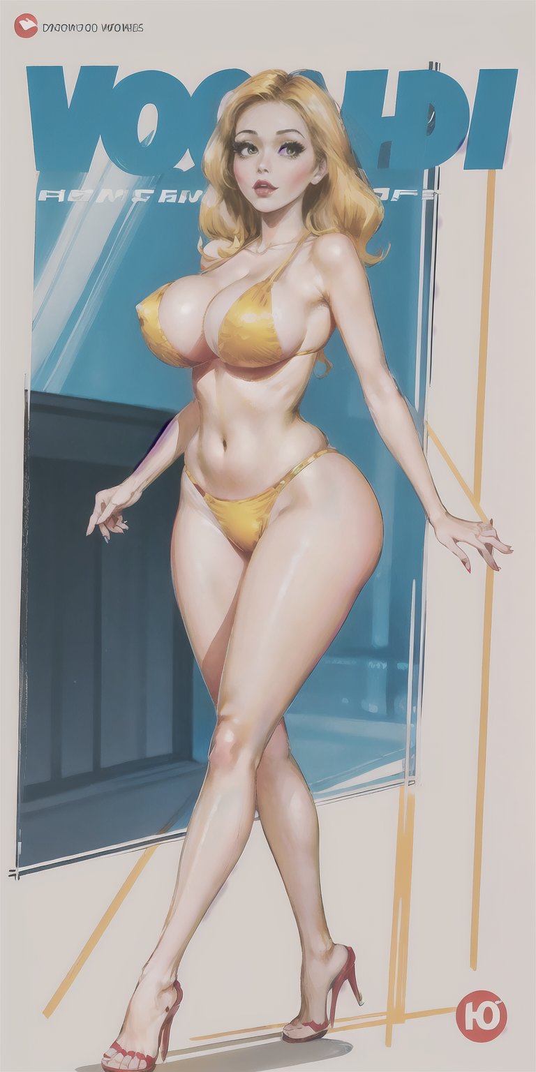 solo, female, blonde hair, walking on a tropical beach, topless, large breasts, yellow bikini, hourglass figure, tall, whide hips, simple comic book illustration, graphic illustration, comic art, graphic novel art, vibrant, dolly, sexy pose, seductive<lora:EMS-412942-EMS:0.800000>