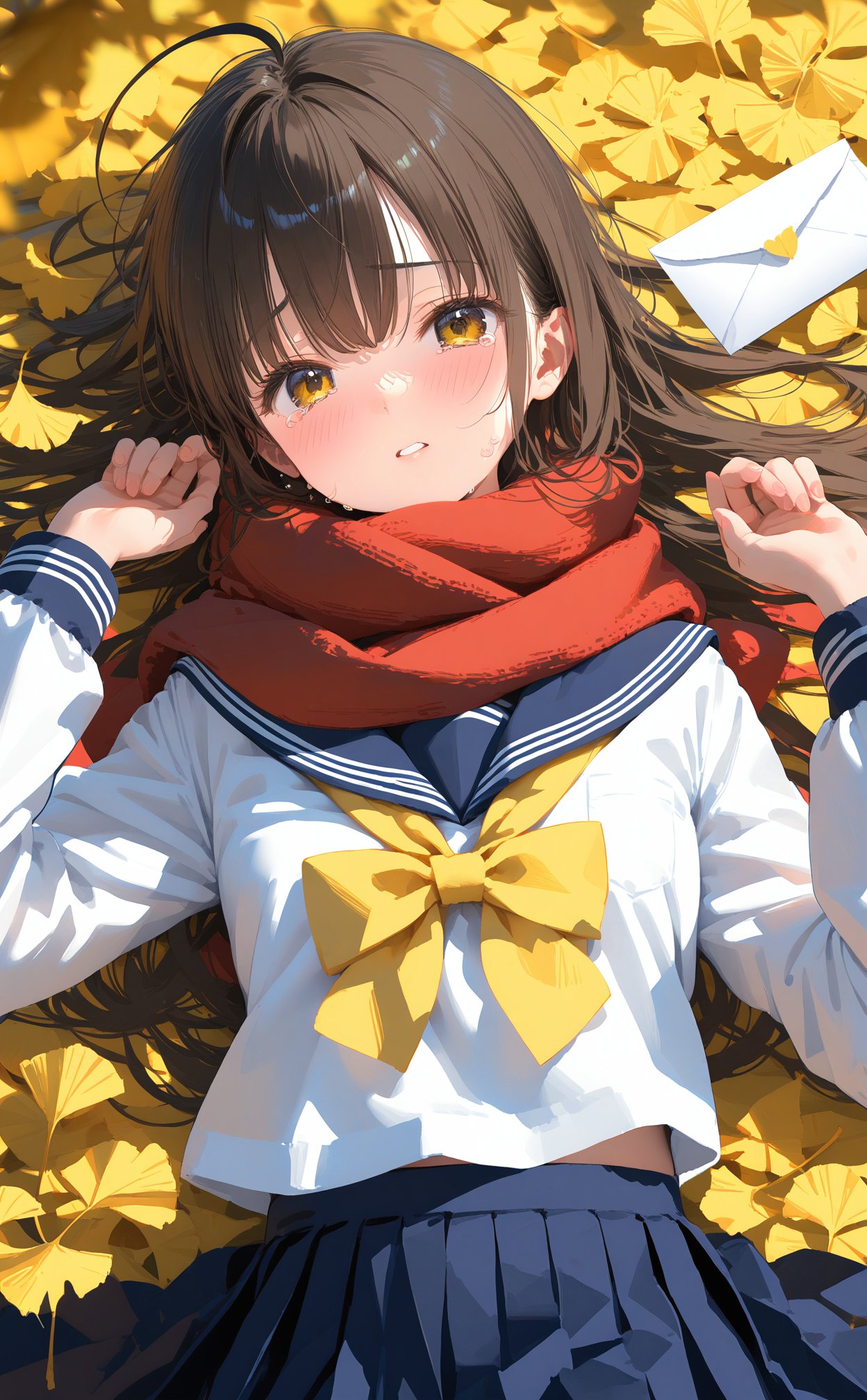 (masterpiece),(best quality),illustration,ultra detailed,hdr,Depth of field,(colorful),1girl,solo,school uniform,skirt,scarf,lying,serafuku,on back,long sleeves,autumn,blue skirt,looking at viewer,sailor collar,bow,brown eyes,long hair,tears,autumn leaves,bangs,blue sailor collar,shirt,parted lips,pleated skirt,white shirt,envelope,ahoge,blurry,red scarf,black hair,crying,leaf,letter,crying with eyes open,yellow bow,outdoors,brown hair,bowtie,ginkgo leaf,from above,tearing up,blush,