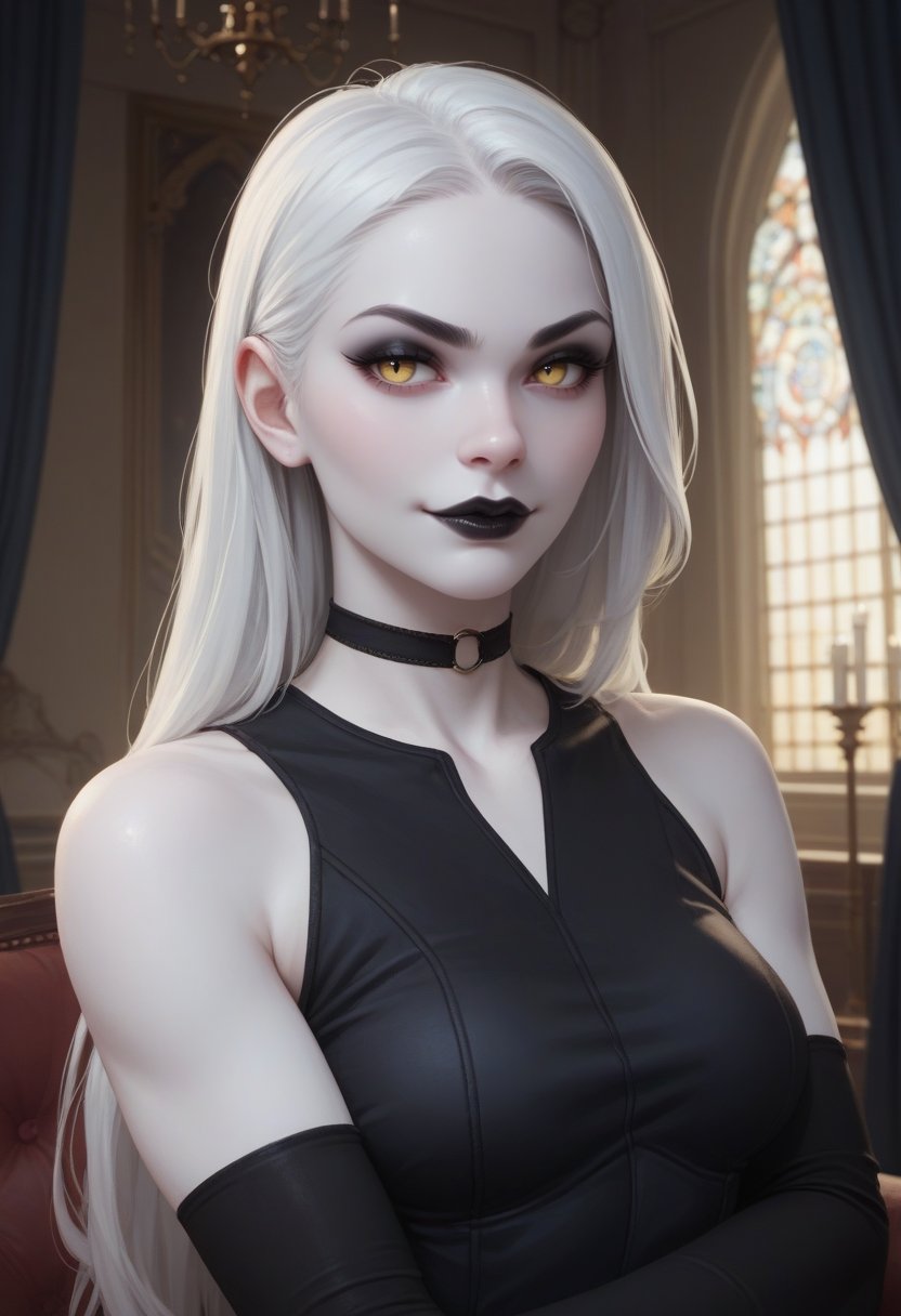 score_9, score_8_up, score_7_up, score_6_up, score_5_up, score_4_up, 1girl, vampire, colored skin, pure white skin, medium breasts, choker, lips, thick lips, black lipstick, long hair, white hair, yellow eyes, black eyeshadow, smirk, black dress, elbow gloves, covered breasts, upper body, mansion interior background, indoors, black curtains, night time, dark,