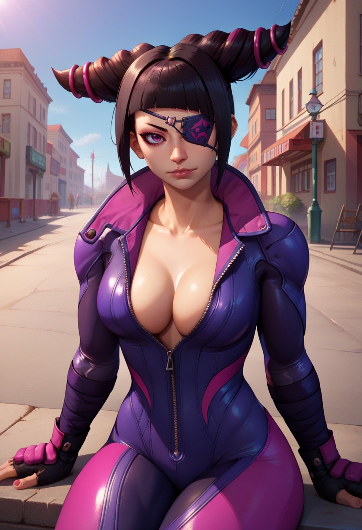 score_9,score_8_up,score_7_up,score_9,4k,HD,8k,highres,antialiasing,detailed,textureBREAK,<lora:Jurisf6v2-10:0.8>,han juri,1girl,solo,looking at viewer,short hair,large breasts,black hair,gloves,purple eyes,medium breasts,black gloves,blunt bangs,fingerless gloves,bodysuit,eyepatch,skin tight,:p,zipper,unzipped,purple bodysuit,hair horns,biker clothes,bikesuit,thighs,cowboy shot,street background, sitting,